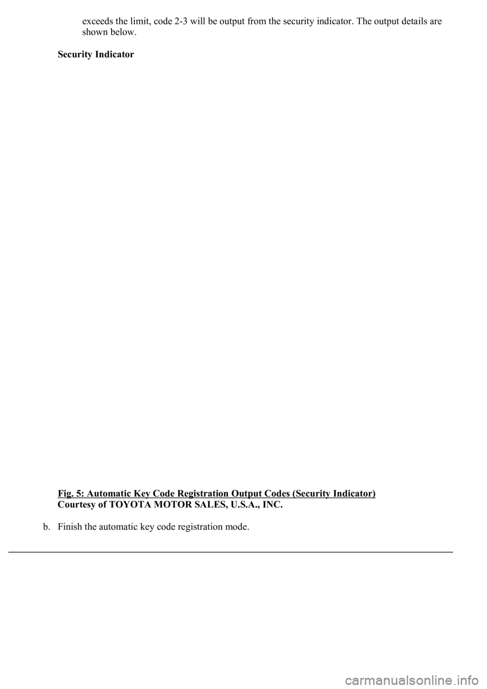 LEXUS LS430 2003  Factory Repair Manual exceeds the limit, code 2-3 will be output from the security indicator. The output details are 
shown below.  
Security Indicator  
Fig. 5: Automatic Key Code Registration Output Codes (Security Indic