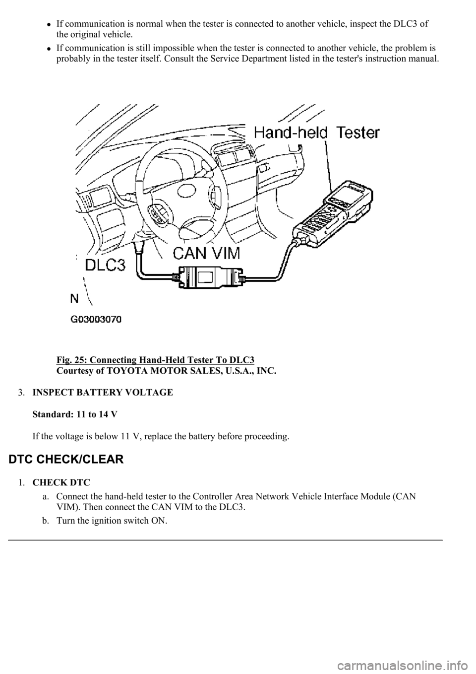 LEXUS LS430 2003  Factory Repair Manual If communication is normal when the tester is connected to another vehicle, inspect the DLC3 of 
the original vehicle.  
If communication is still impossible when the tester is connected to another ve