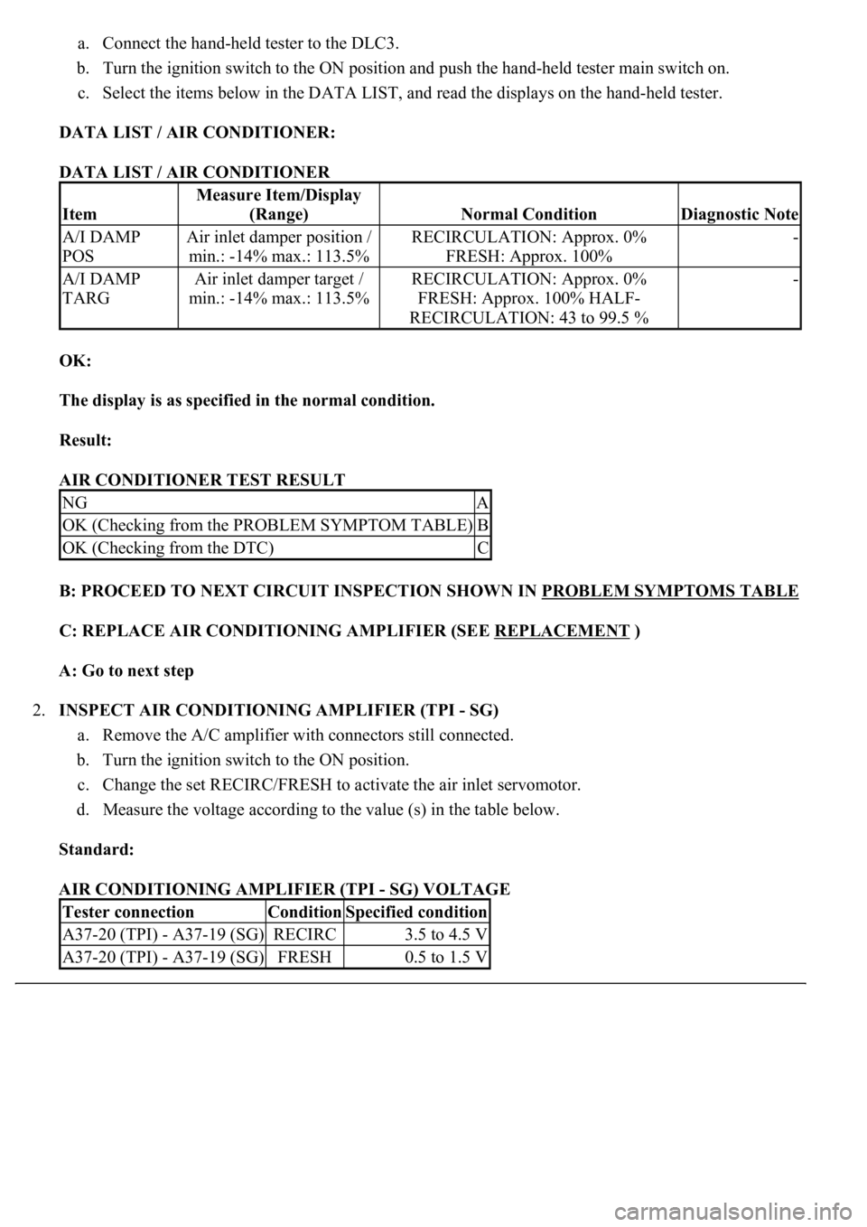 LEXUS LS430 2003 Factory Repair Manual a. Connect the hand-held tester to the DLC3.
b. Turn the ignition switch to the ON position and push the hand-held tester main switch on.
c. Select the items below in the DATA LIST, and read the d LEXUS LS430 2003 Factory Repair Manual a. Connect the hand-held tester to the DLC3.
b. Turn the ignition switch to the ON position and push the hand-held tester main switch on.
c. Select the items below in the DATA LIST, and read the d