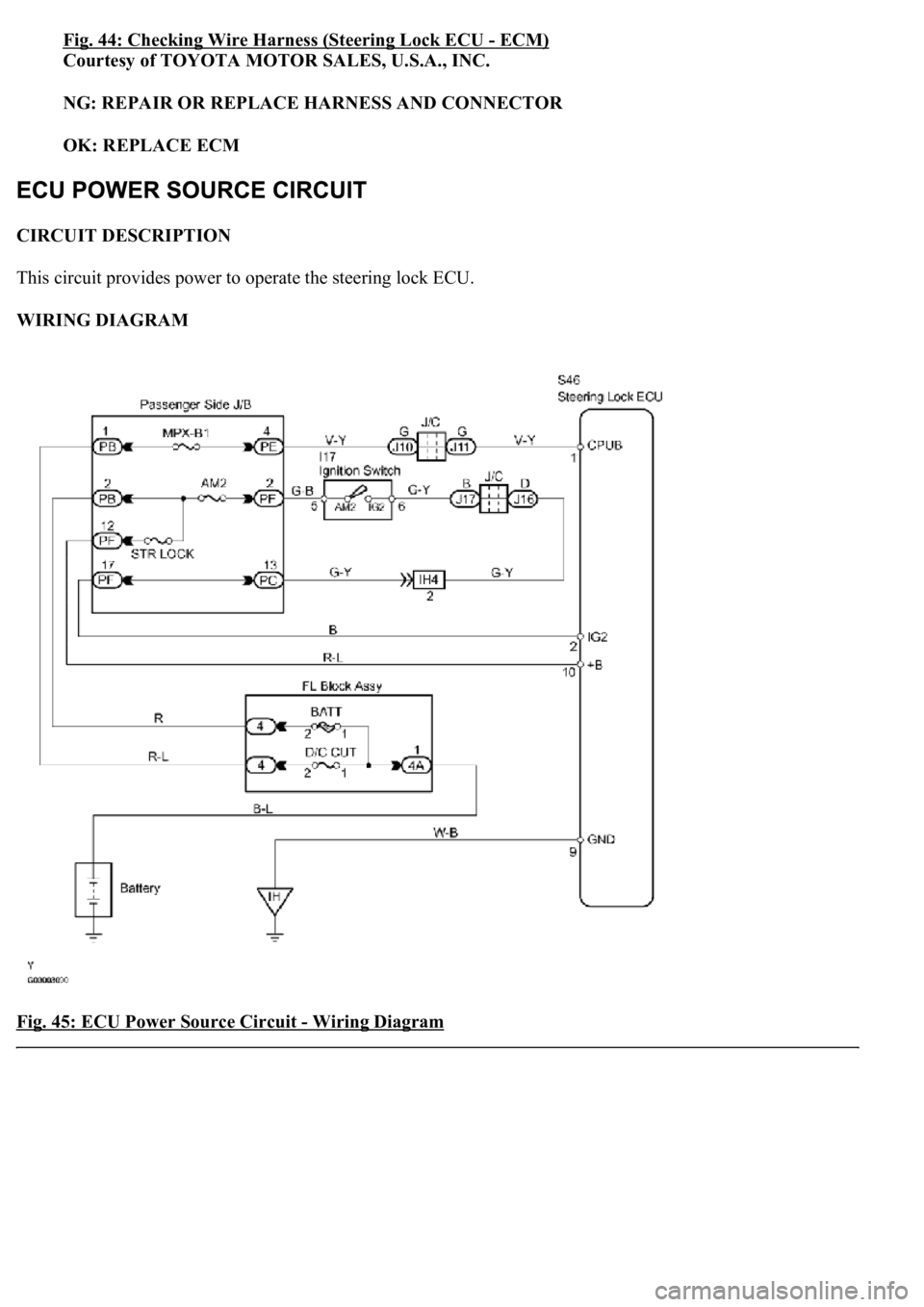 LEXUS LS430 2003 Factory Repair Manual Fig. 44: Checking Wire Harness (Steering Lock ECU -ECM)
Courtesy of TOYOTA MOTOR SALES, U.S.A., INC.
NG: REPAIR OR REPLACE HARNESS AND CONNECTOR
OK: REPLACE ECM
CIRCUIT DESCRIPTION
This circuit LEXUS LS430 2003 Factory Repair Manual Fig. 44: Checking Wire Harness (Steering Lock ECU -ECM)
Courtesy of TOYOTA MOTOR SALES, U.S.A., INC.
NG: REPAIR OR REPLACE HARNESS AND CONNECTOR
OK: REPLACE ECM
CIRCUIT DESCRIPTION
This circuit