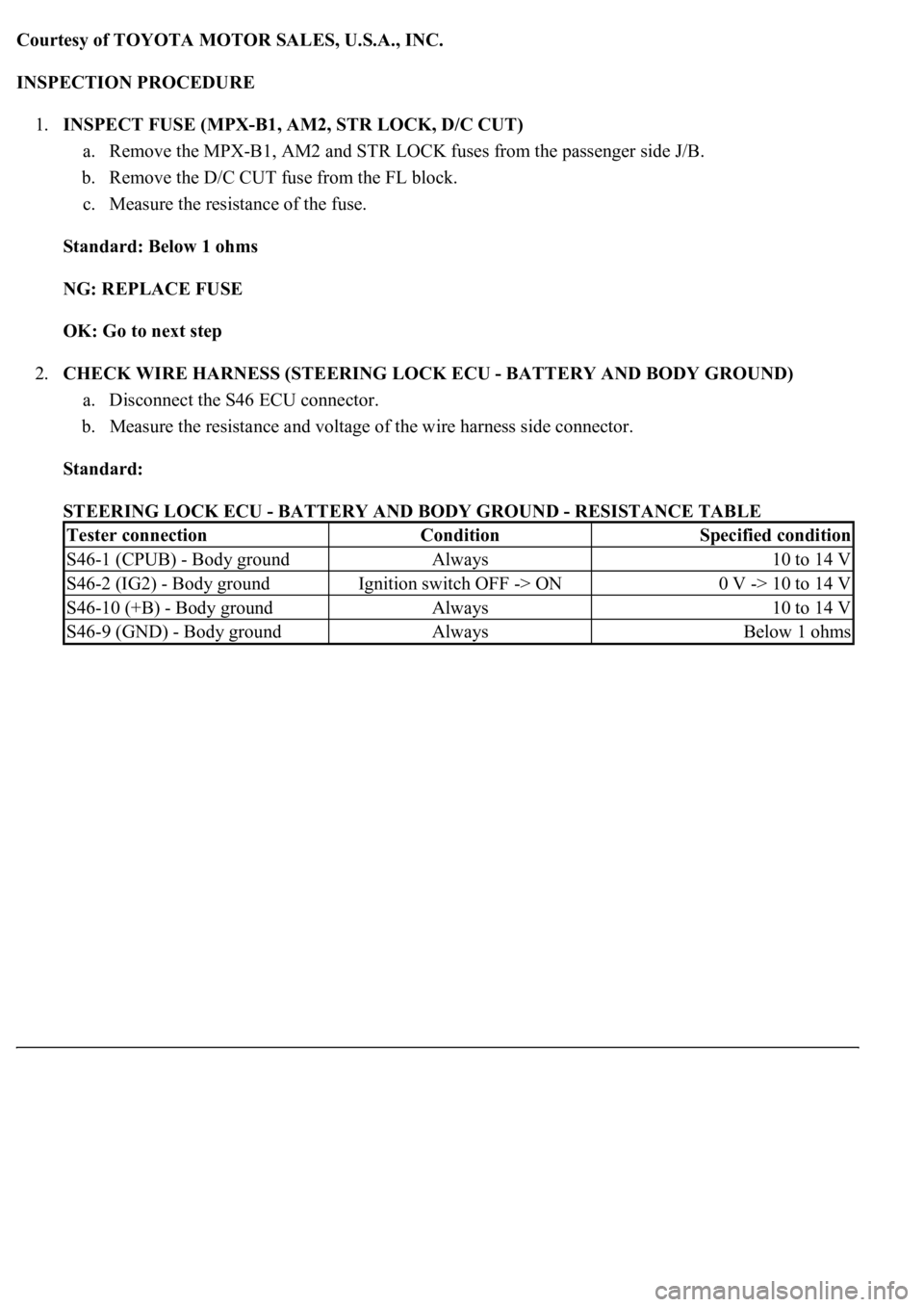 LEXUS LS430 2003 Factory Repair Manual Courtesy of TOYOTA MOTOR SALES, U.S.A., INC.
INSPECTION PROCEDURE
1.INSPECT FUSE (MPX-B1, AM2, STR LOCK, D/C CUT)
a. Remove the MPX-B1, AM2 and STR LOCK fuses from the passenger side J/B.
b. Remov LEXUS LS430 2003 Factory Repair Manual Courtesy of TOYOTA MOTOR SALES, U.S.A., INC.
INSPECTION PROCEDURE
1.INSPECT FUSE (MPX-B1, AM2, STR LOCK, D/C CUT)
a. Remove the MPX-B1, AM2 and STR LOCK fuses from the passenger side J/B.
b. Remov