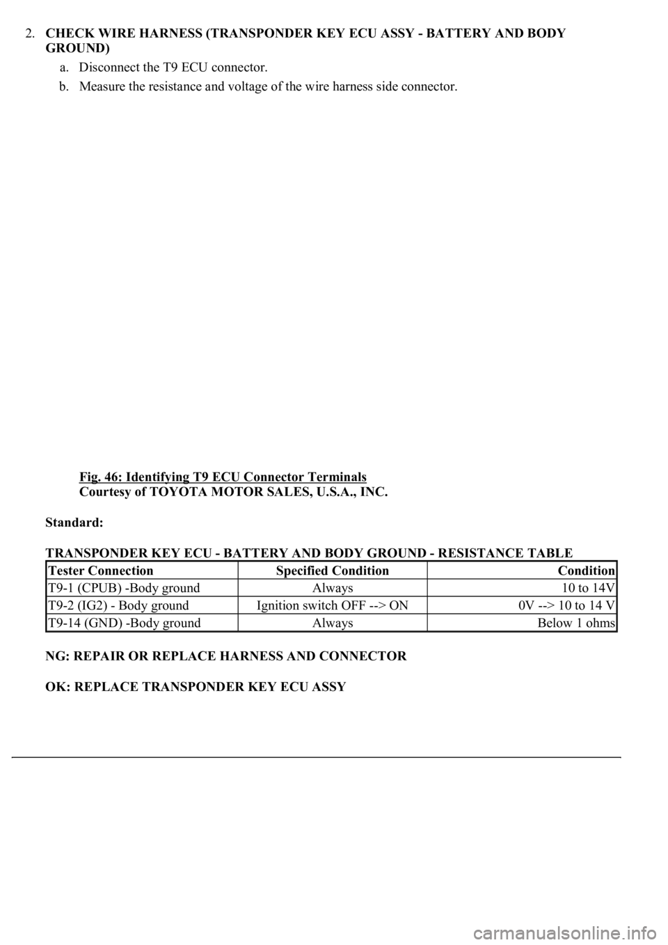 LEXUS LS430 2003  Factory Repair Manual 2.CHECK WIRE HARNESS (TRANSPONDER KEY ECU ASSY - BATTERY AND BODY 
GROUND) 
a. Disconnect the T9 ECU connector.  
b. Measure the resistance and voltage of the wire harness side connector. 
Fig. 46: Id