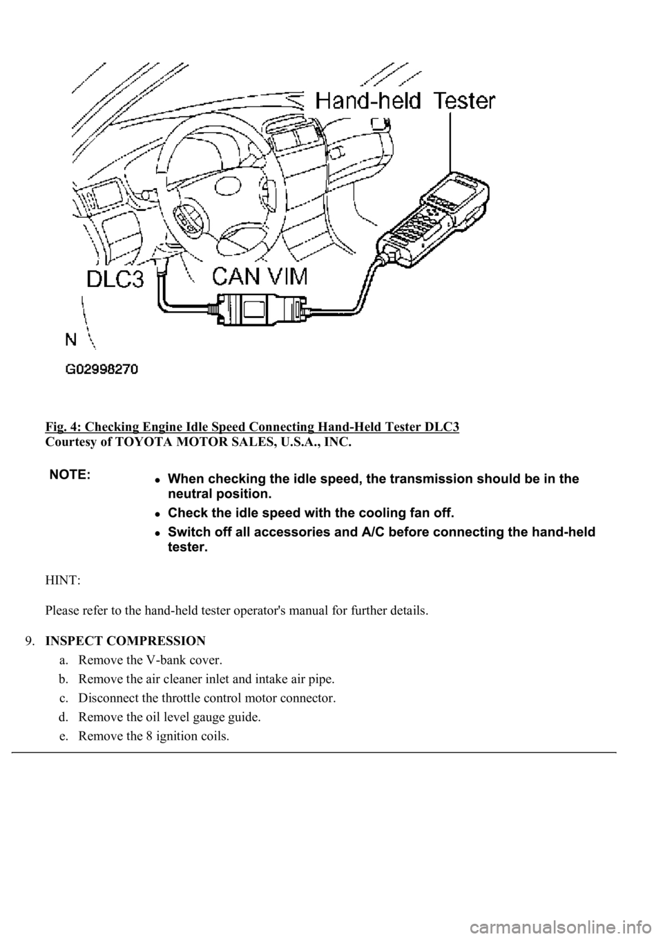 LEXUS LS430 2003  Factory Repair Manual Fig. 4: Checking Engine Idle Speed Connecting Hand-Held Tester DLC3 
Courtesy of TOYOTA MOTOR SALES, U.S.A., INC. 
HINT: 
Please refer to the hand-held tester operator's manual for further details