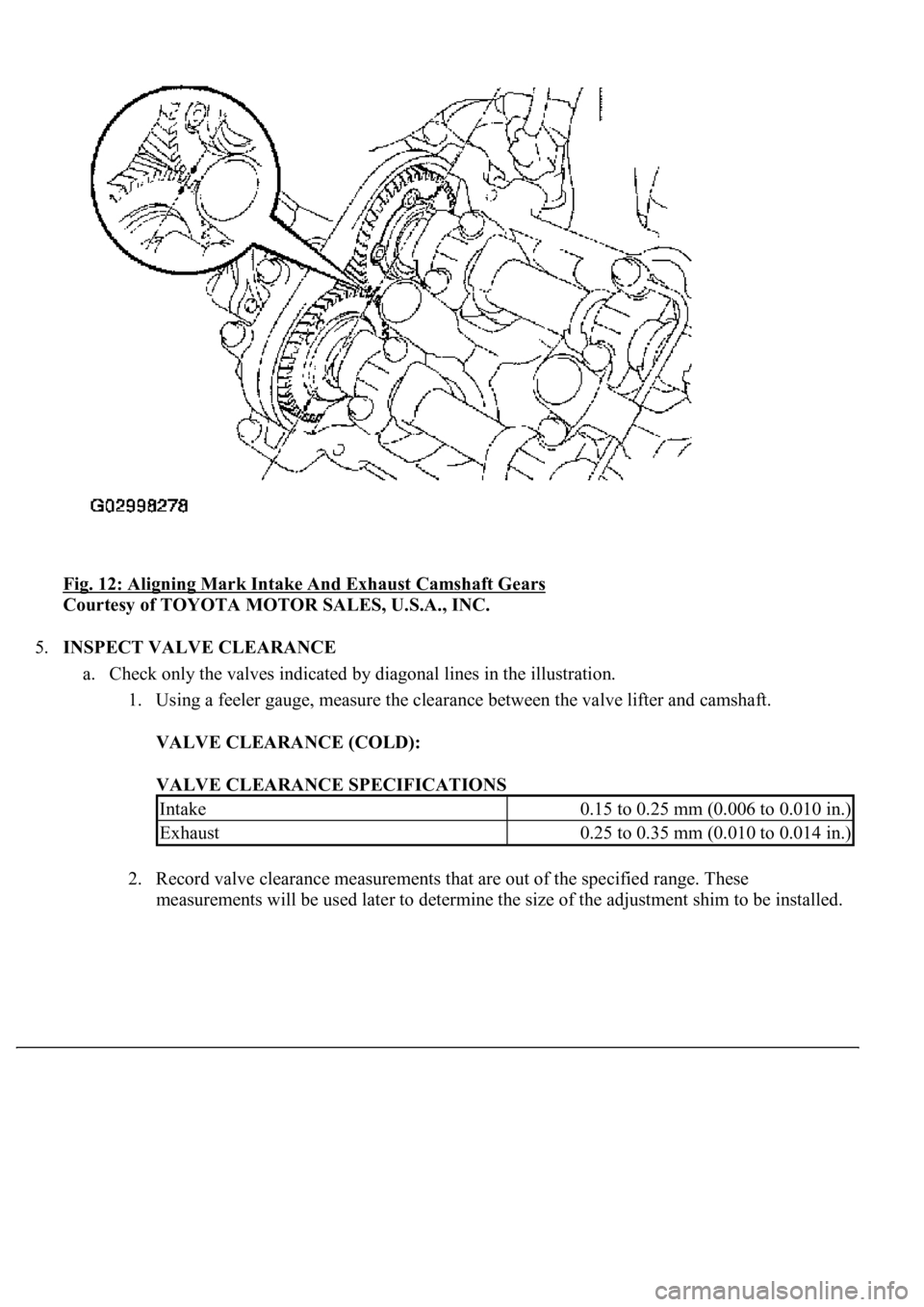 LEXUS LS430 2003  Factory Repair Manual Fig. 12: Aligning Mark Intake And Exhaust Camshaft Gears 
Courtesy of TOYOTA MOTOR SALES, U.S.A., INC. 
5.INSPECT VALVE CLEARANCE 
a. Check only the valves indicated by diagonal lines in the illustrat