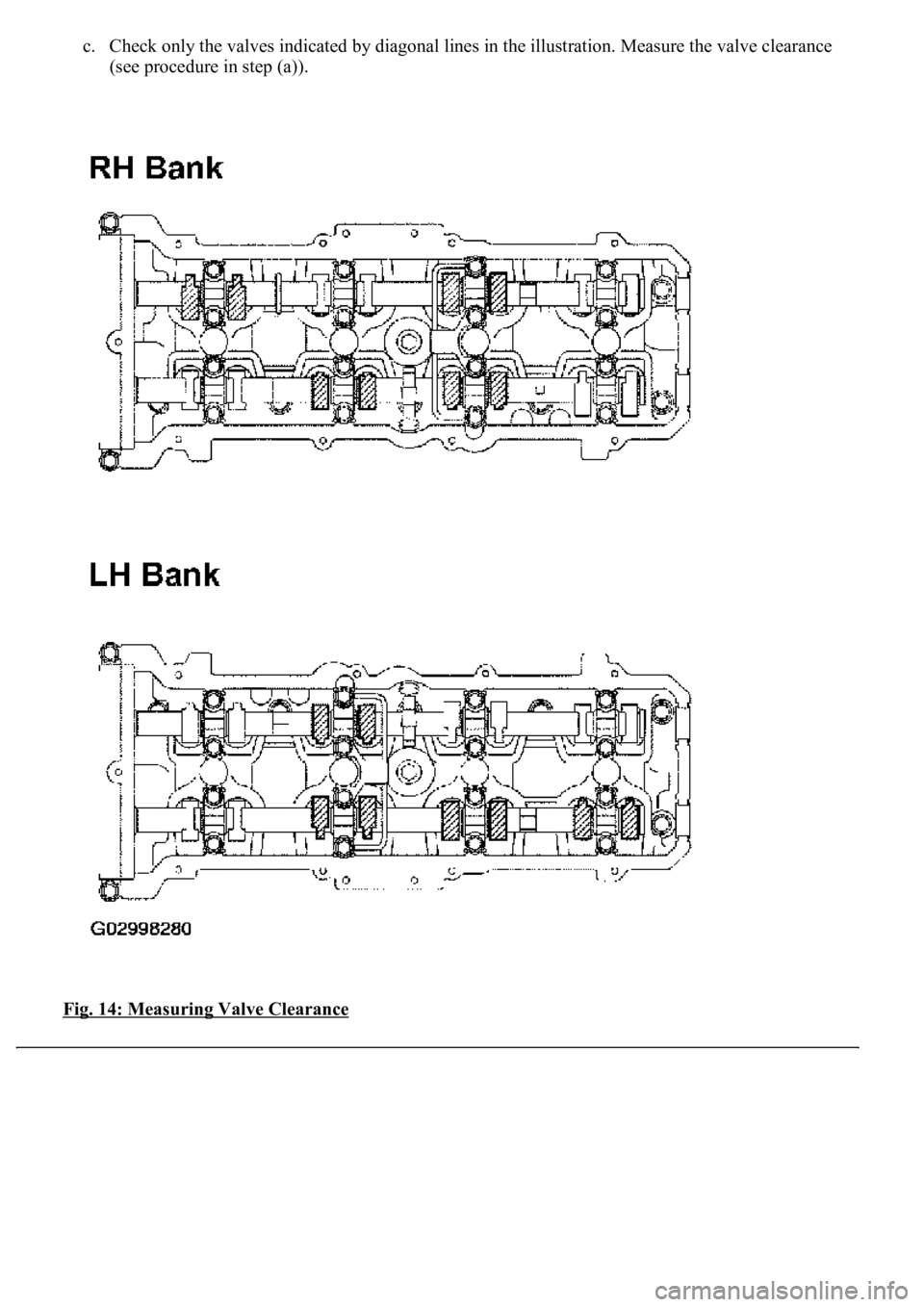 LEXUS LS430 2003  Factory Repair Manual c. Check only the valves indicated by diagonal lines in the illustration. Measure the valve clearance 
(see procedure in step (a)).  
Fig. 14: Measuring Valve Clearance 