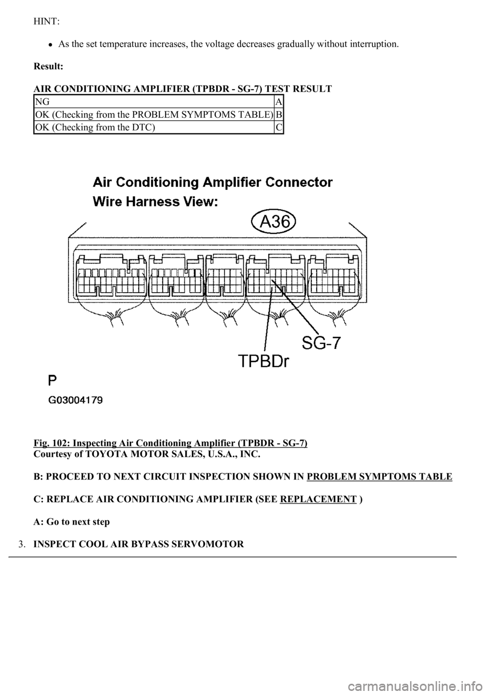 LEXUS LS430 2003  Factory Repair Manual HINT: 
As the set temperature increases, the voltage decreases gradually without interruption.  
Result:  
AIR CONDITIONING AMPLIFIER (TPBDR - SG-7) TEST RESULT 
Fig. 102: Inspecting Air Conditioning 