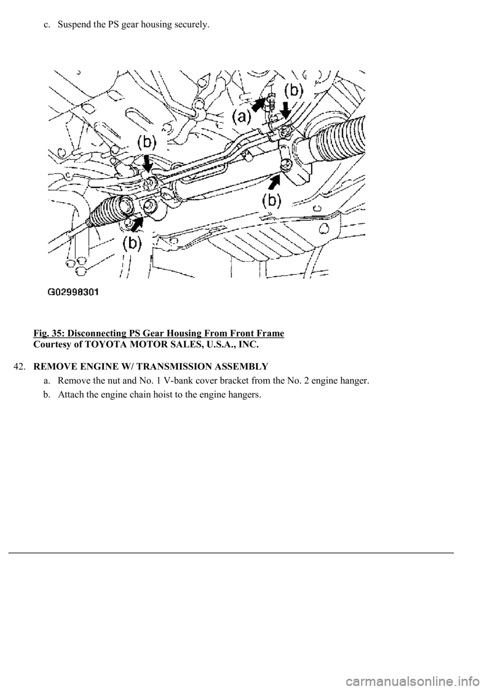 LEXUS LS430 2003  Factory Repair Manual c. Suspend the PS gear housing securely.  
Fig. 35: Disconnecting PS Gear Housing From Front Frame
 
Courtesy of TOYOTA MOTOR SALES, U.S.A., INC. 
42.REMOVE ENGINE W/ TRANSMISSION ASSEMBLY 
a. Remove 