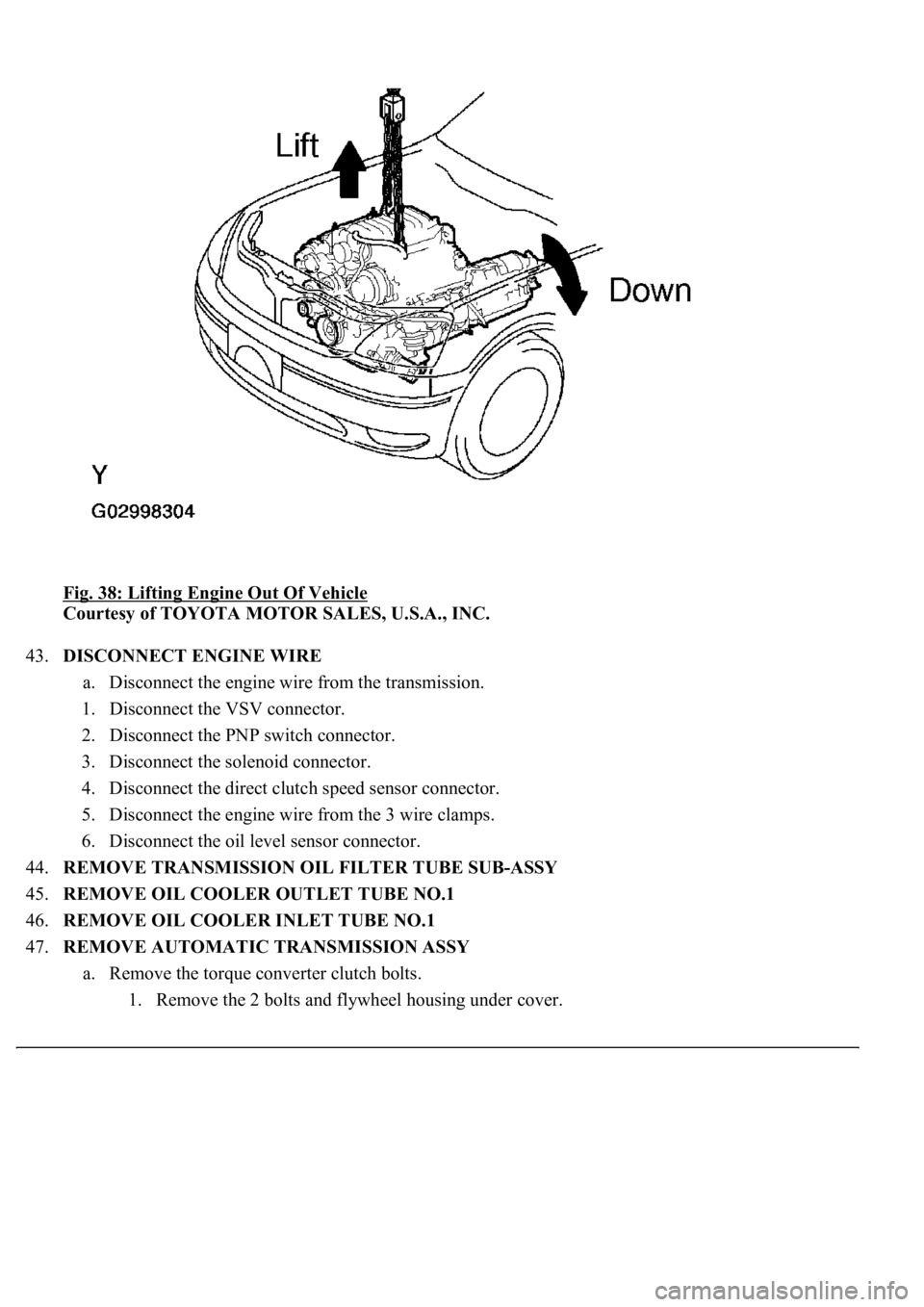 LEXUS LS430 2003 Factory Repair Manual Fig. 38: Lifting Engine Out Of Vehicle
Courtesy of TOYOTA MOTOR SALES, U.S.A., INC.
43.DISCONNECT ENGINE WIRE
a. Disconnect the engine wire from the transmission.
1. Disconnect the VSV connector. LEXUS LS430 2003 Factory Repair Manual Fig. 38: Lifting Engine Out Of Vehicle
Courtesy of TOYOTA MOTOR SALES, U.S.A., INC.
43.DISCONNECT ENGINE WIRE
a. Disconnect the engine wire from the transmission.
1. Disconnect the VSV connector.