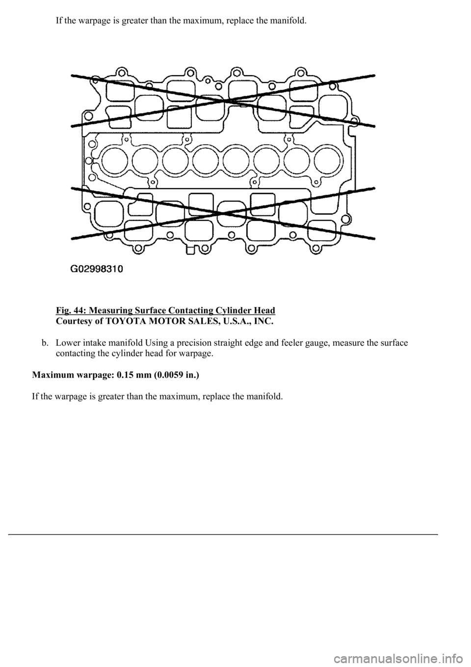 LEXUS LS430 2003  Factory Repair Manual If the warpage is greater than the maximum, replace the manifold.
Fig. 44: Measuring Surface Contacting Cylinder Head
 
Courtesy of TOYOTA MOTOR SALES, U.S.A., INC. 
b. Lower intake manifold Using a p