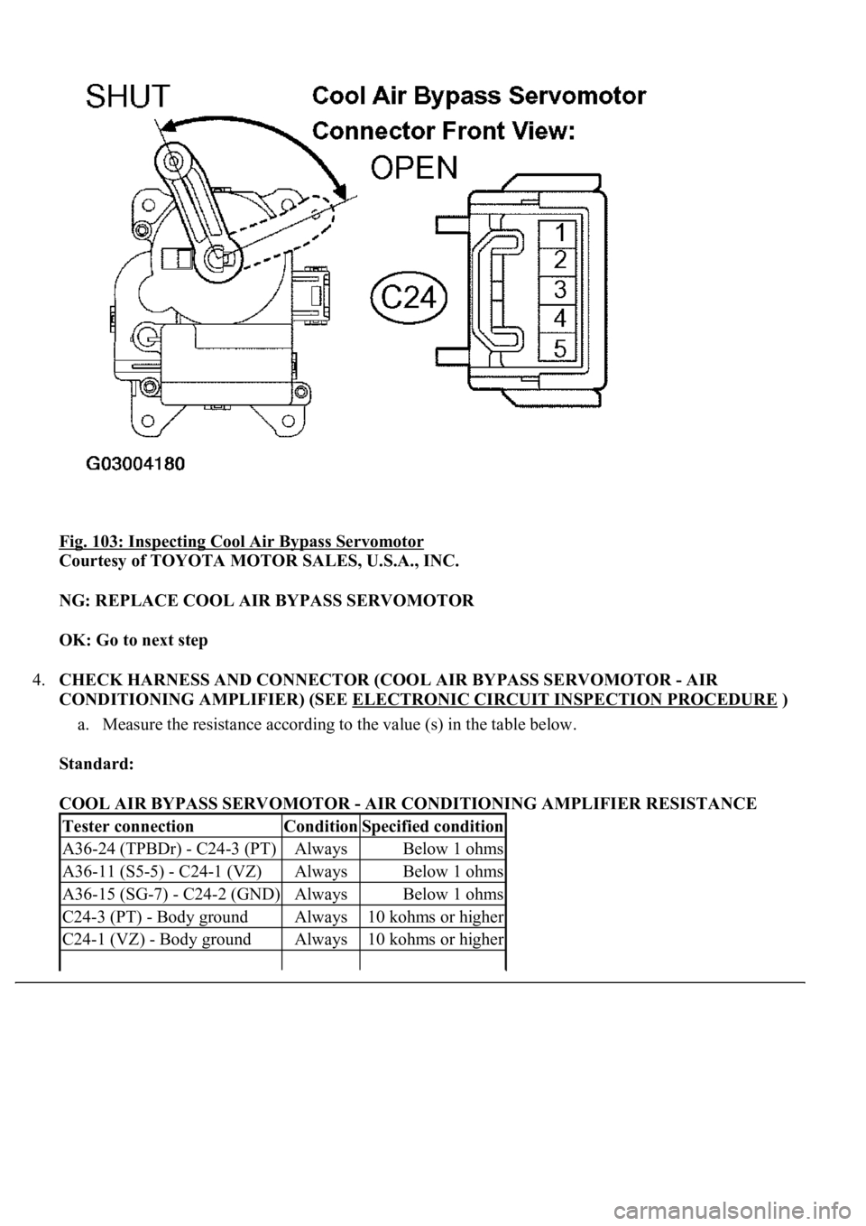 LEXUS LS430 2003  Factory Repair Manual Fig. 103: Inspecting Cool Air Bypass Servomotor 
Courtesy of TOYOTA MOTOR SALES, U.S.A., INC. 
NG: REPLACE COOL AIR BYPASS SERVOMOTOR  
OK: Go to next step  
4.CHECK HARNESS AND CONNECTOR (COOL AIR BY