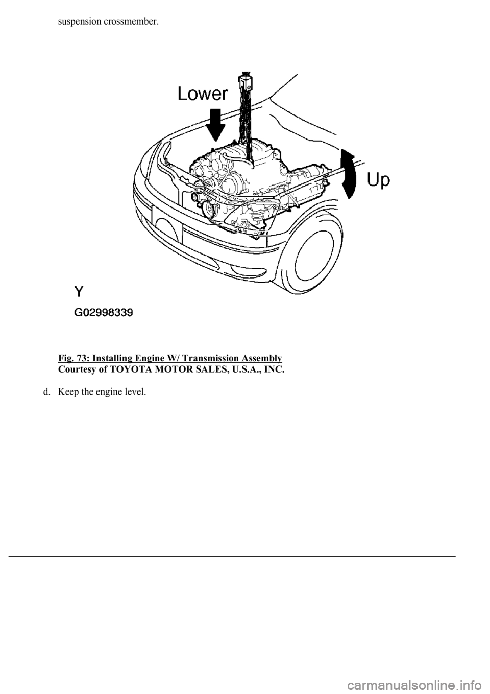 LEXUS LS430 2003  Factory Repair Manual suspension crossmember. 
Fig. 73: Installing Engine W/ Transmission Assembly
 
Courtesy of TOYOTA MOTOR SALES, U.S.A., INC. 
d. Keep the engine level.  