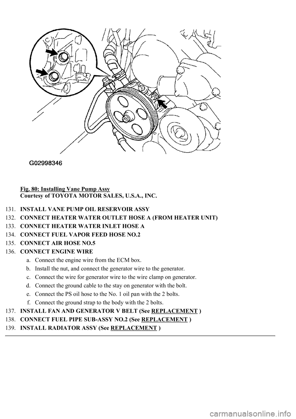 LEXUS LS430 2003  Factory Repair Manual Fig. 80: Installing Vane Pump Assy 
Courtesy of TOYOTA MOTOR SALES, U.S.A., INC. 
131.INSTALL VANE PUMP OIL RESERVOIR ASSY  
132.CONNECT HEATER WATER OUTLET HOSE A (FROM HEATER UNIT)  
133.CONNECT HEA