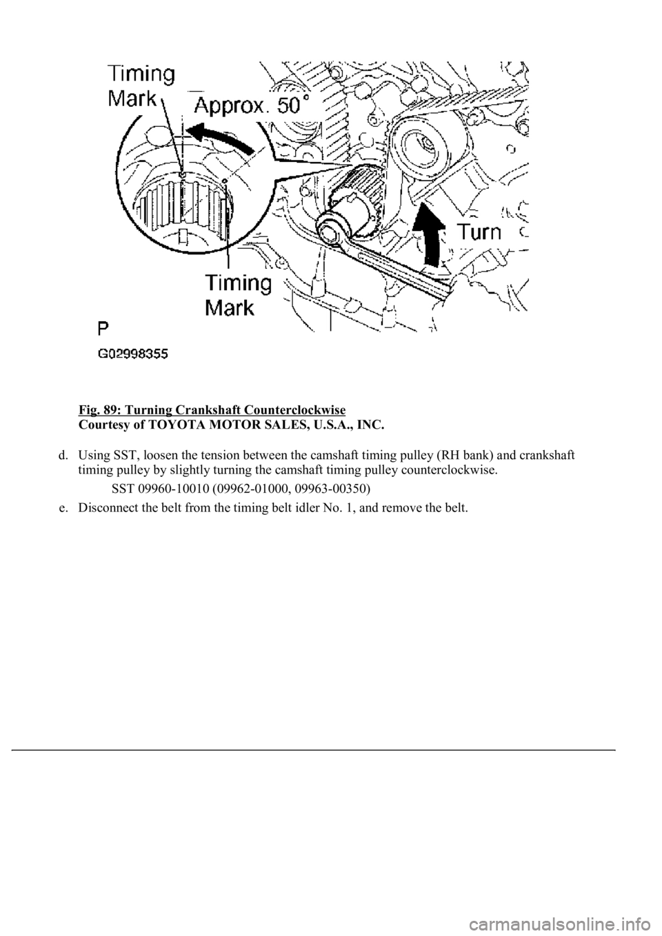 LEXUS LS430 2003  Factory Repair Manual Fig. 89: Turning Crankshaft Counterclockwise 
Courtesy of TOYOTA MOTOR SALES, U.S.A., INC. 
d. Using SST, loosen the tension between the camshaft timing pulley (RH bank) and crankshaft 
timing pulley 
