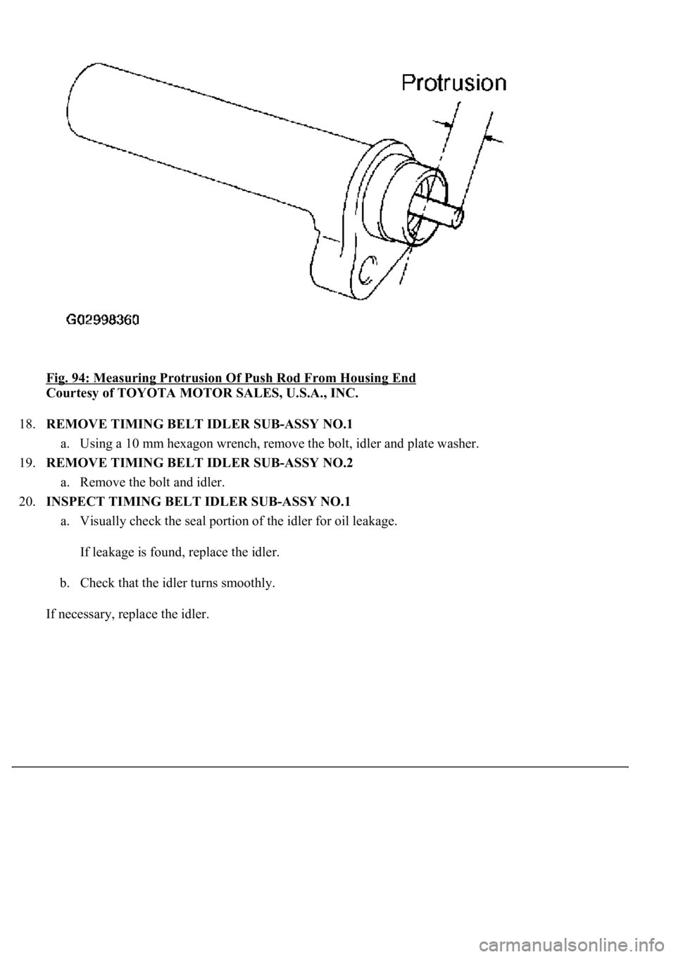 LEXUS LS430 2003  Factory Repair Manual Fig. 94: Measuring Protrusion Of Push Rod From Housing End 
Courtesy of TOYOTA MOTOR SALES, U.S.A., INC. 
18.REMOVE TIMING BELT IDLER SUB-ASSY NO.1 
a. Using a 10 mm hexagon wrench, remove the bolt, i