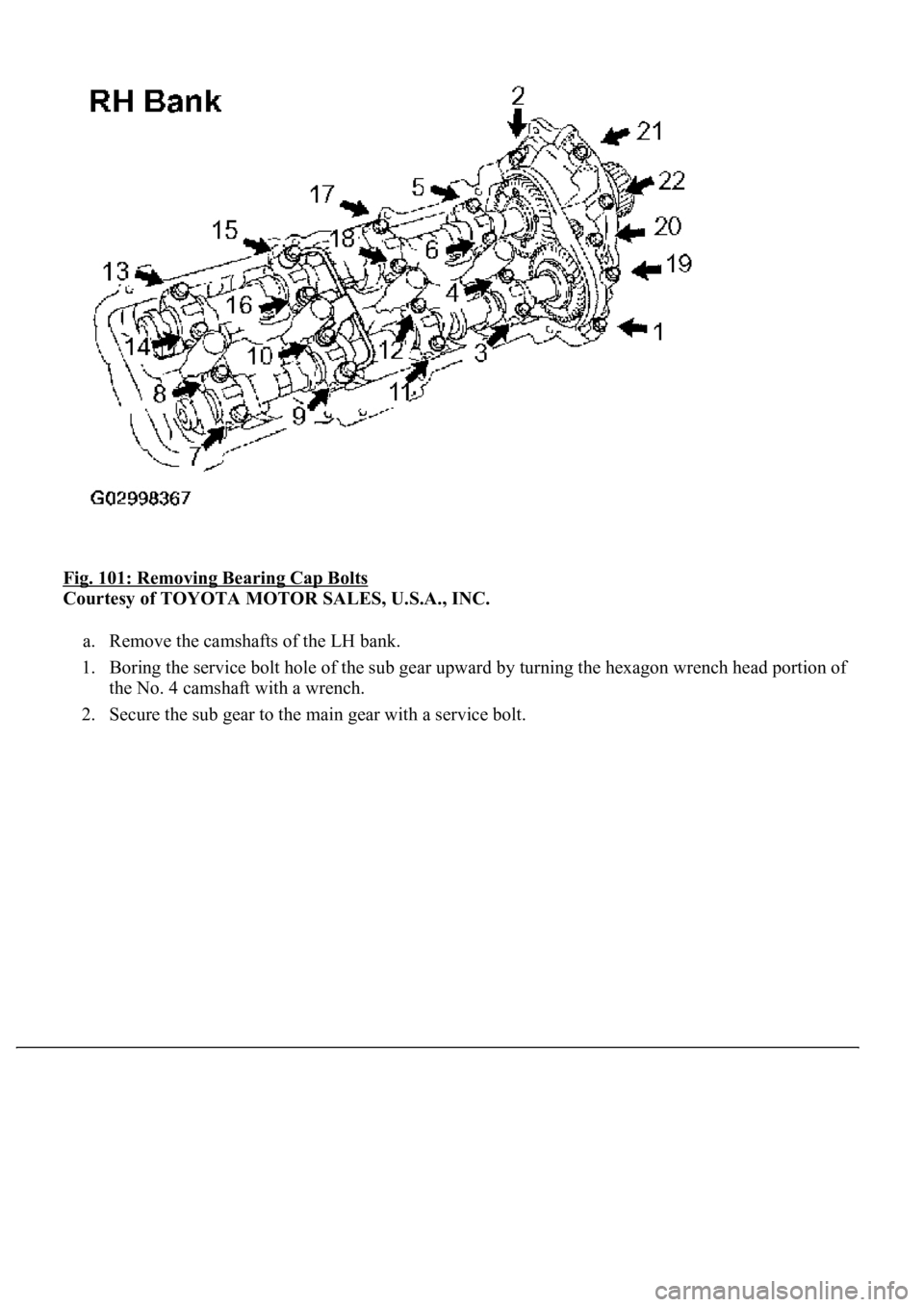 LEXUS LS430 2003  Factory Repair Manual Fig. 101: Removing Bearing Cap Bolts 
Courtesy of TOYOTA MOTOR SALES, U.S.A., INC. 
a. Remove the camshafts of the LH bank.  
1. Boring the service bolt hole of the sub gear upward by turning the hexa