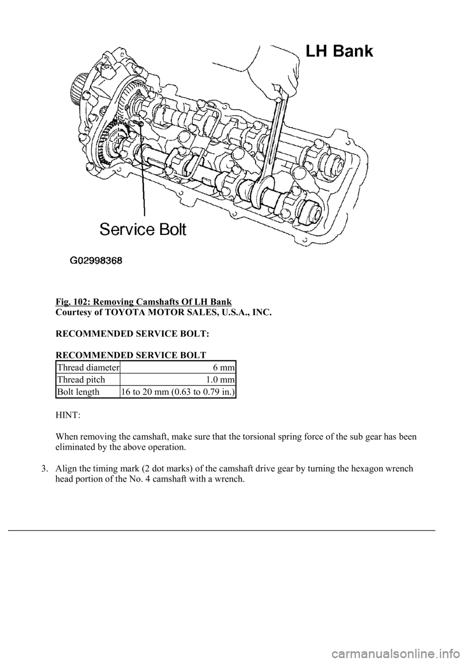 LEXUS LS430 2003  Factory Repair Manual Fig. 102: Removing Camshafts Of LH Bank 
Courtesy of TOYOTA MOTOR SALES, U.S.A., INC. 
RECOMMENDED SERVICE BOLT:  
RECOMMENDED SERVICE BOLT 
HINT: 
When removing the camshaft, make sure that the torsi