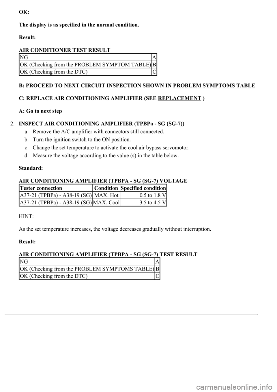LEXUS LS430 2003 Factory Repair Manual OK:
The display is as specified in the normal condition.
Result:
AIR CONDITIONER TEST RESULT
B: PROCEED TO NEXT CIRCUIT INSPECTION SHOWN IN PROBLEM SYMPTOMS TABLE
C: REPLACE AIR CONDITIONING AM LEXUS LS430 2003 Factory Repair Manual OK:
The display is as specified in the normal condition.
Result:
AIR CONDITIONER TEST RESULT
B: PROCEED TO NEXT CIRCUIT INSPECTION SHOWN IN PROBLEM SYMPTOMS TABLE
C: REPLACE AIR CONDITIONING AM