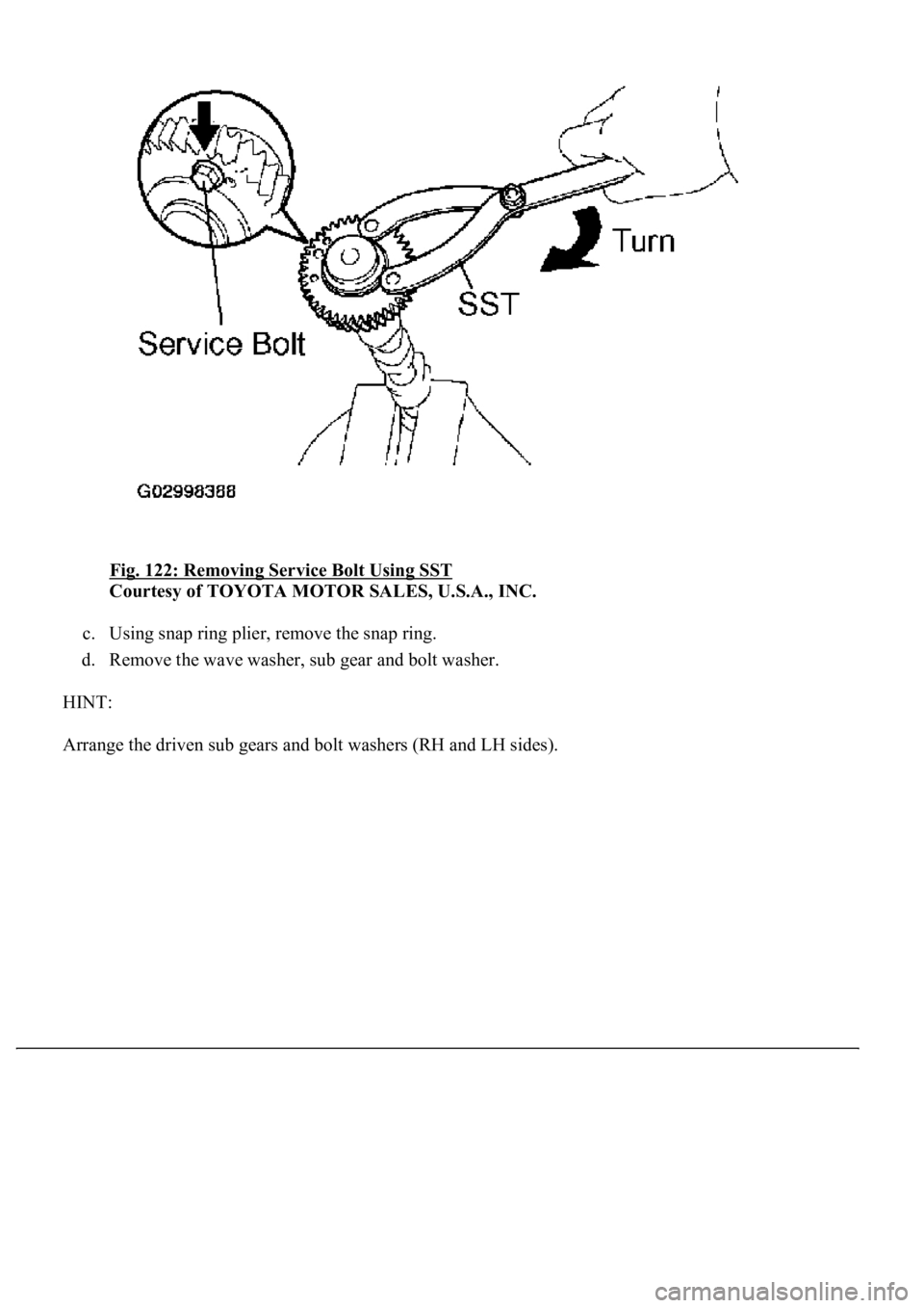 LEXUS LS430 2003  Factory Repair Manual Fig. 122: Removing Service Bolt Using SST 
Courtesy of TOYOTA MOTOR SALES, U.S.A., INC. 
c. Using snap ring plier, remove the snap ring.  
d. Remove the wave washer, sub gear and bolt washer.  
HINT: 