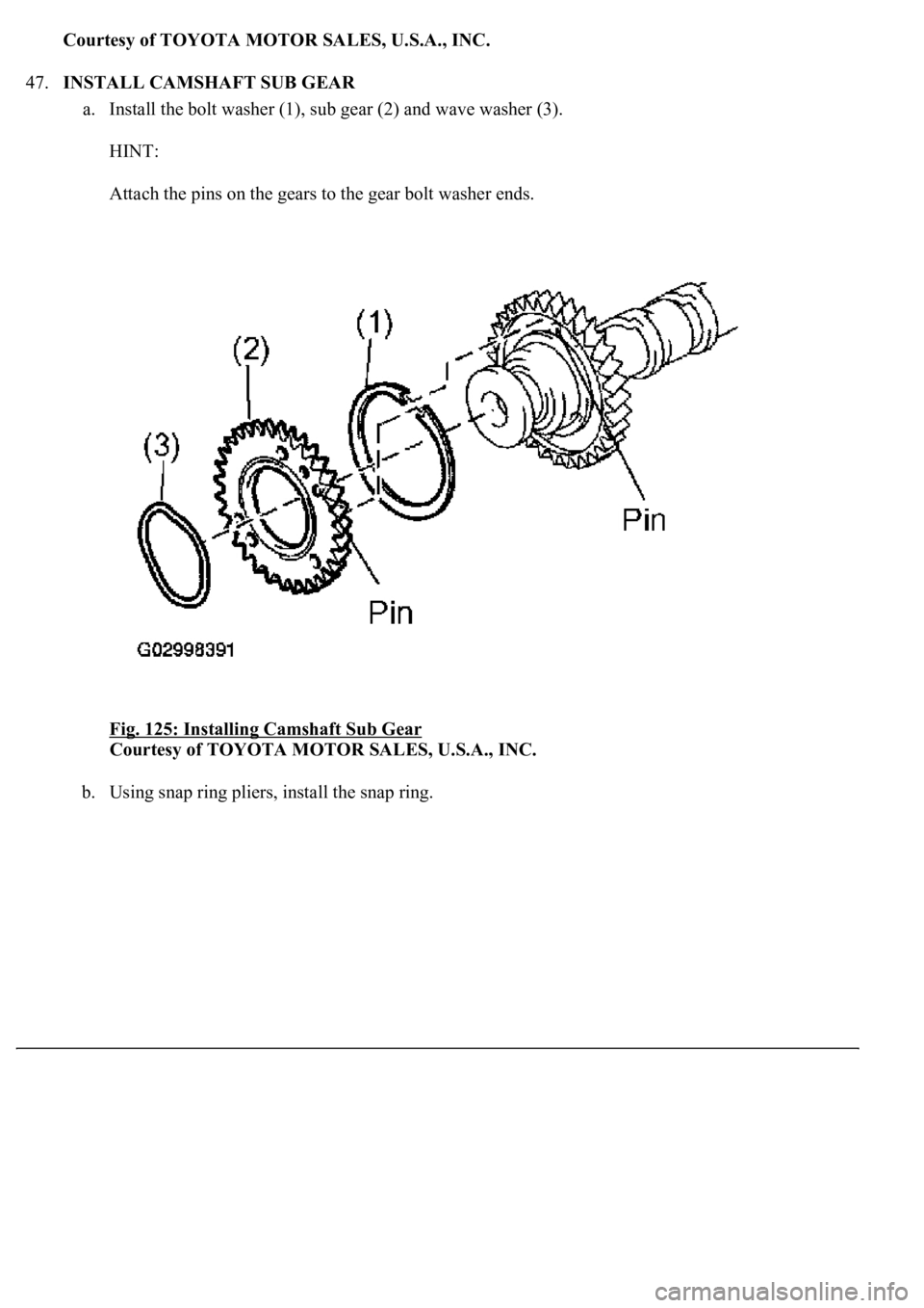 LEXUS LS430 2003  Factory Repair Manual Courtesy of TOYOTA MOTOR SALES, U.S.A., INC.
47.INSTALL CAMSHAFT SUB GEAR 
a. Install the bolt washer (1), sub gear (2) and wave washer (3). 
HINT: 
Attach the pins on the gears to the gear bolt washe