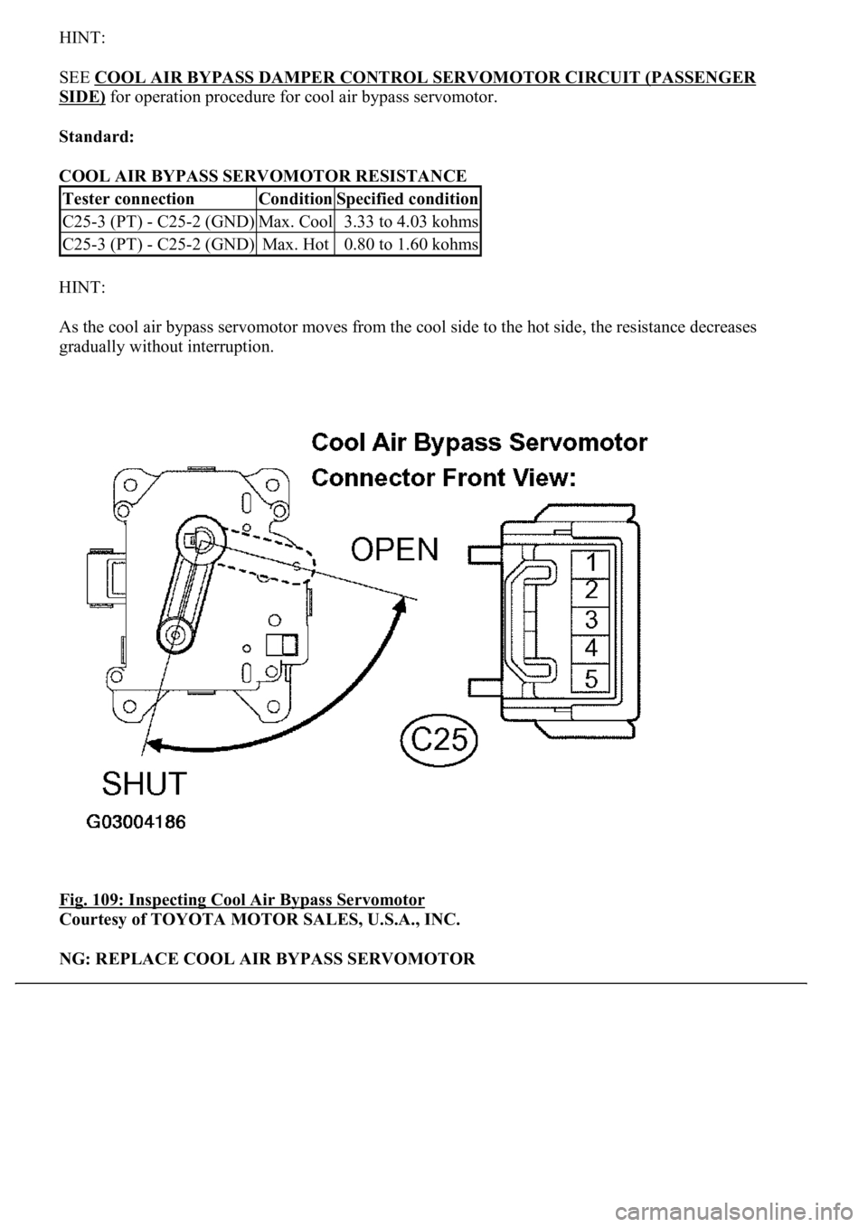 LEXUS LS430 2003  Factory Repair Manual HINT: 
SEE COOL AIR BYPASS DAMPER CONTROL SERVOMOTOR CIRCUIT (PASSENGER 
SIDE) for operation procedure for cool air bypass servomotor. 
Standard:  
COOL AIR BYPASS SERVOMOTOR RESISTANCE 
HINT: 
As the