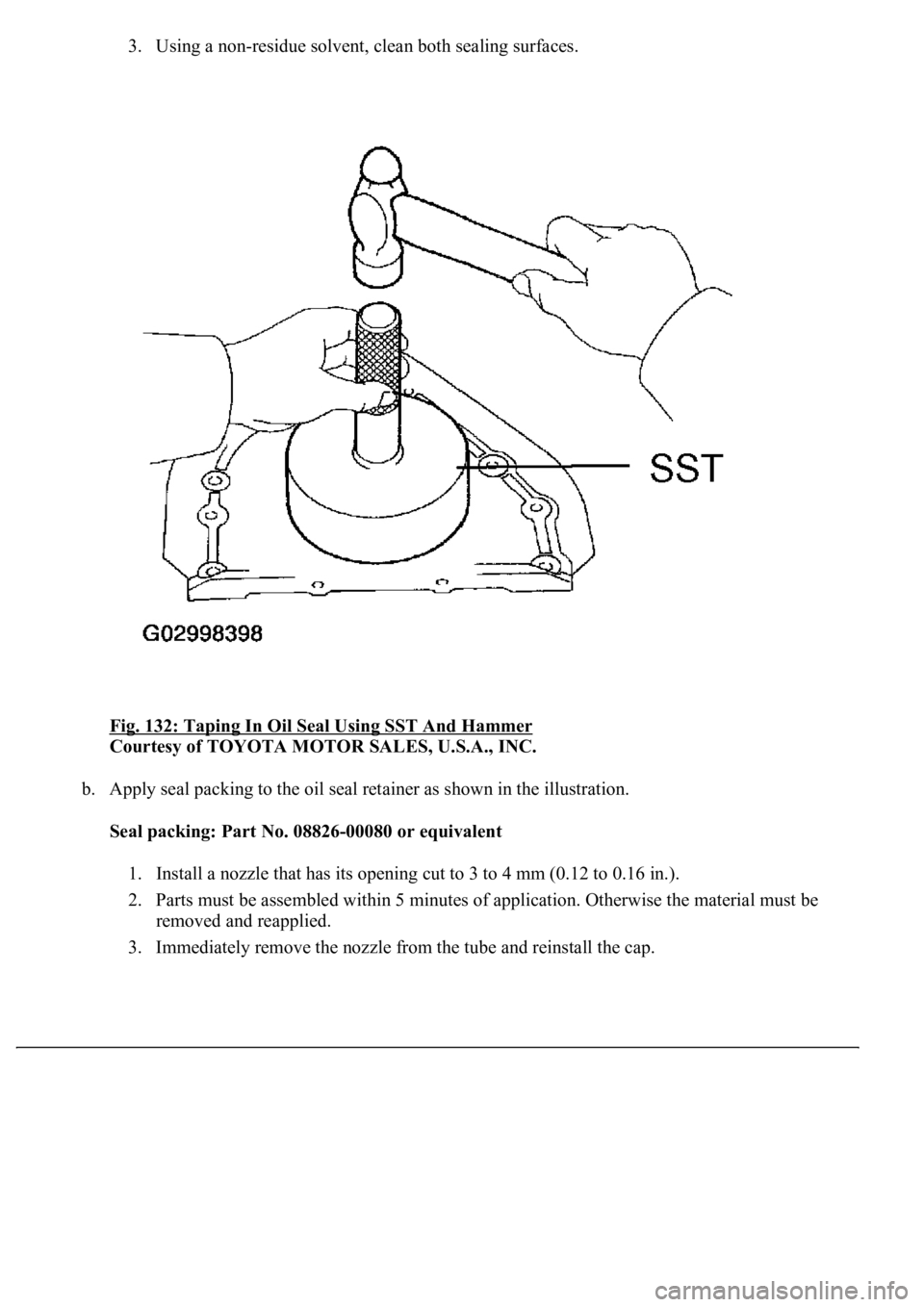 LEXUS LS430 2003  Factory Repair Manual 3. Using a non-residue solvent, clean both sealing surfaces.  
Fig. 132: Taping In Oil Seal Using SST And Hammer
 
Courtesy of TOYOTA MOTOR SALES, U.S.A., INC. 
b. Apply seal packing to the oil seal r