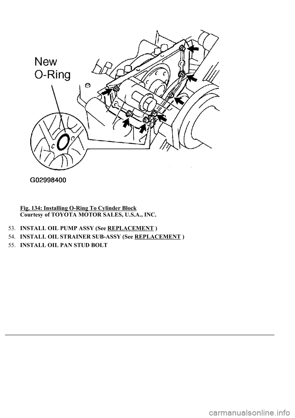 LEXUS LS430 2003  Factory Repair Manual Fig. 134: Installing O-Ring To Cylinder Block 
Courtesy of TOYOTA MOTOR SALES, U.S.A., INC. 
53.INSTALL OIL PUMP ASSY (See REPLACEMENT
 )  
54.INSTALL OIL STRAINER SUB-ASSY (See REPLACEMENT
 )  
55.IN
