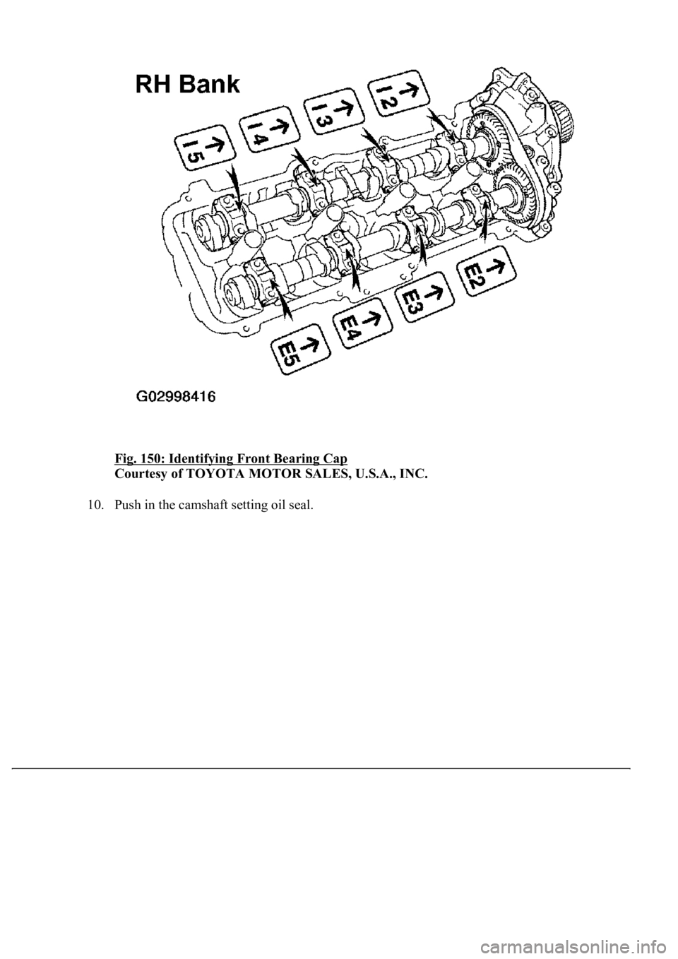 LEXUS LS430 2003  Factory Repair Manual Fig. 150: Identifying Front Bearing Cap 
Courtesy of TOYOTA MOTOR SALES, U.S.A., INC. 
10. Push in the camshaft settin
g oil seal.  