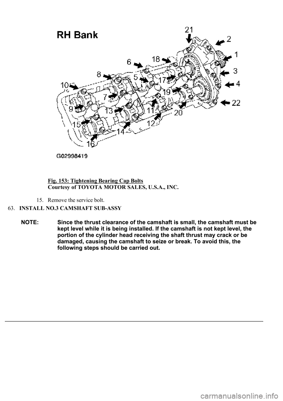 LEXUS LS430 2003  Factory Repair Manual Fig. 153: Tightening Bearing Cap Bolts 
Courtesy of TOYOTA MOTOR SALES, U.S.A., INC. 
15. Remove the service bolt.  
63.INSTALL NO.3 CAMSHAFT SUB-ASSY  