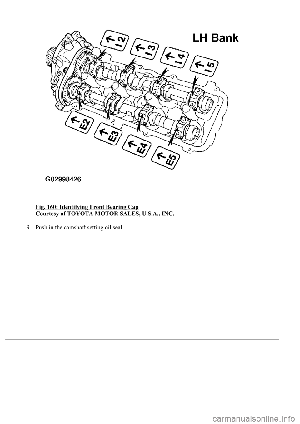 LEXUS LS430 2003  Factory Repair Manual Fig. 160: Identifying Front Bearing Cap 
Courtesy of TOYOTA MOTOR SALES, U.S.A., INC. 
9. Push in the camshaft settin
g oil seal.  