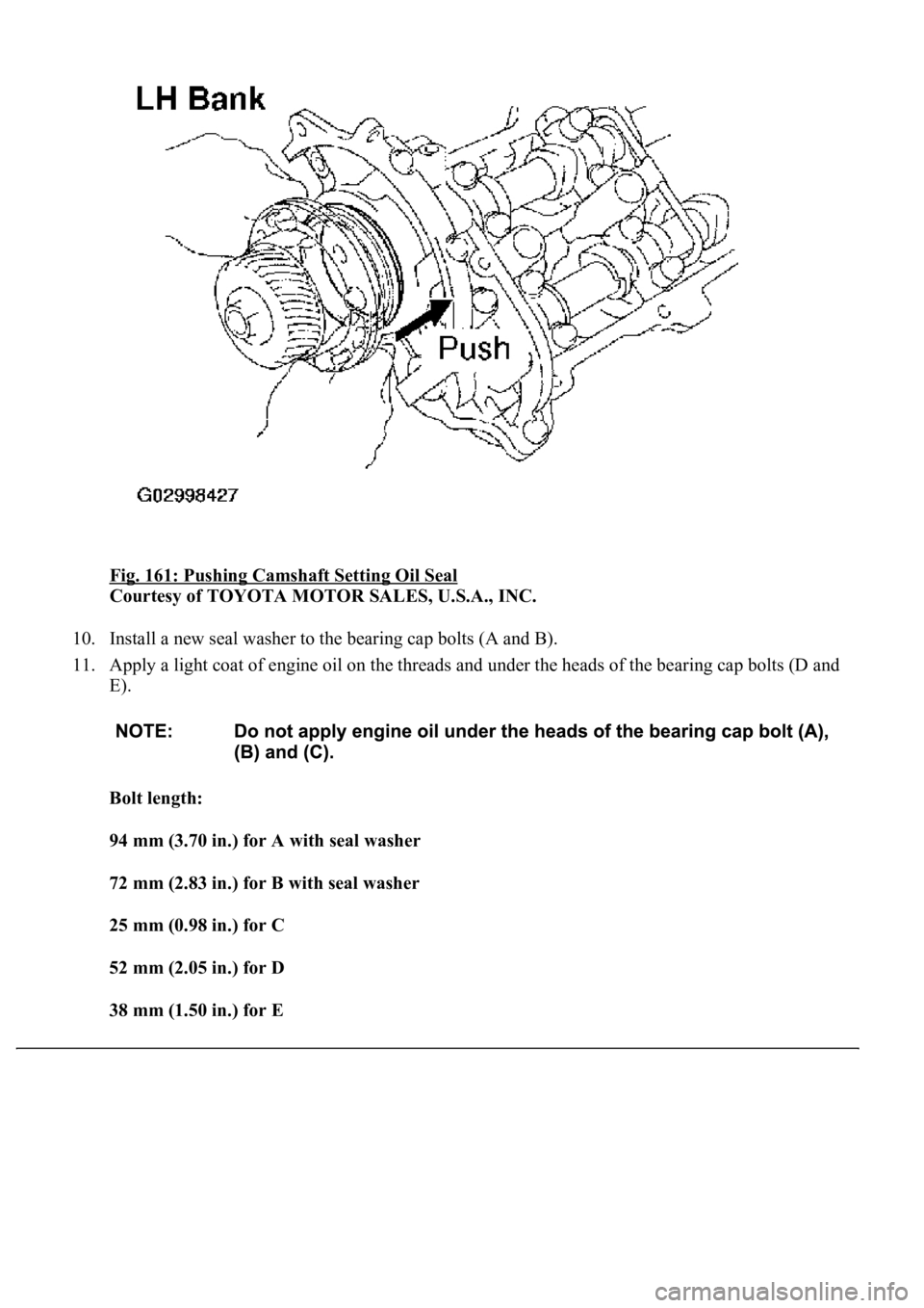 LEXUS LS430 2003  Factory Repair Manual Fig. 161: Pushing Camshaft Setting Oil Seal 
Courtesy of TOYOTA MOTOR SALES, U.S.A., INC. 
10. Install a new seal washer to the bearing cap bolts (A and B).  
11. Apply a light coat of engine oil on t