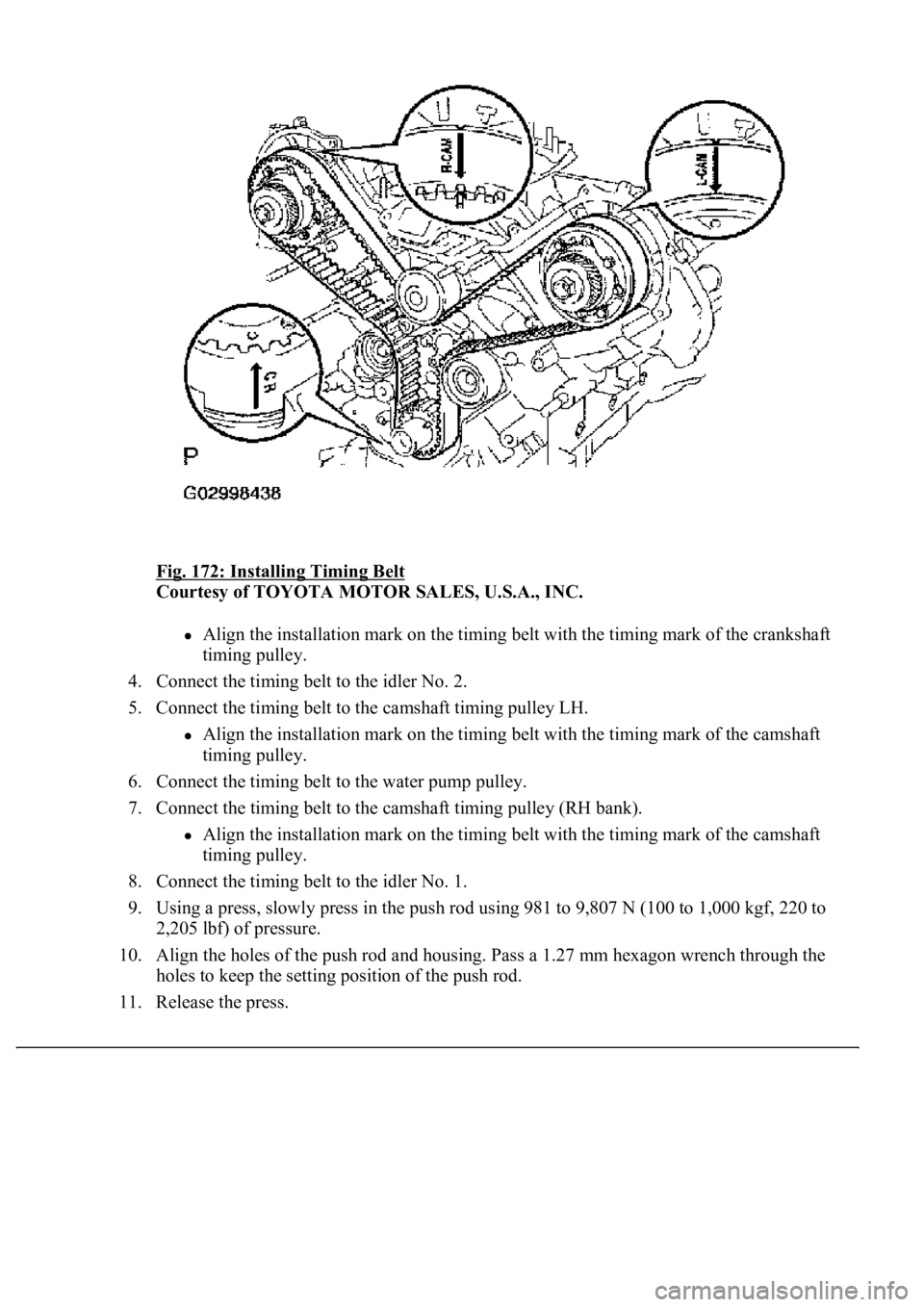 LEXUS LS430 2003  Factory Repair Manual Fig. 172: Installing Timing Belt 
Courtesy of TOYOTA MOTOR SALES, U.S.A., INC. 
Align the installation mark on the timing belt with the timing mark of the crankshaft 
timing pulley.  
4. Connect the t