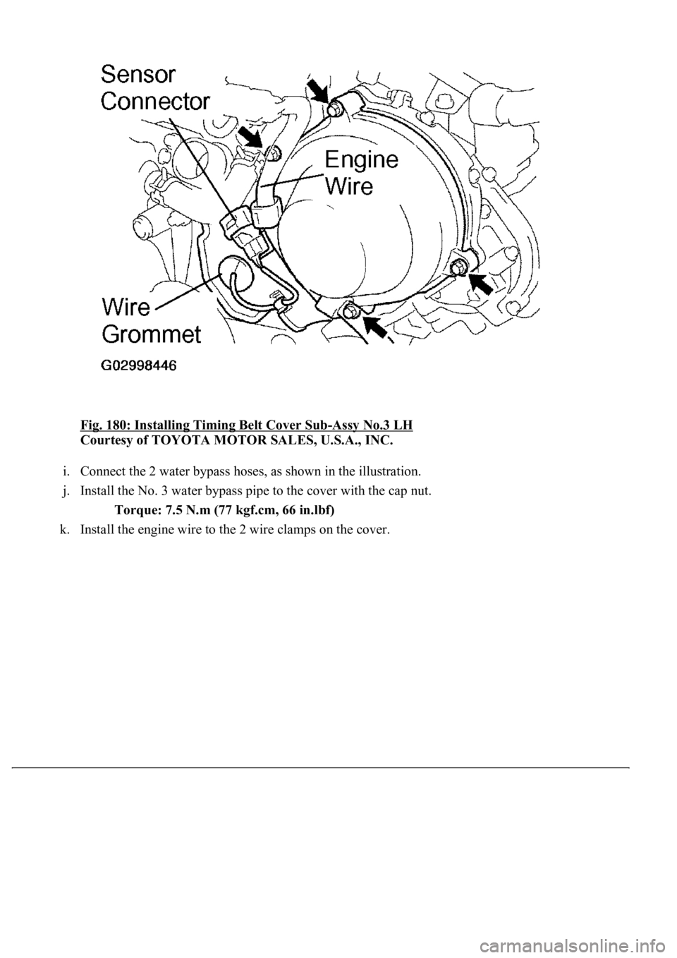 LEXUS LS430 2003  Factory Repair Manual Fig. 180: Installing Timing Belt Cover Sub-Assy No.3 LH 
Courtesy of TOYOTA MOTOR SALES, U.S.A., INC. 
i. Connect the 2 water bypass hoses, as shown in the illustration.  
j. Install the No. 3 water b