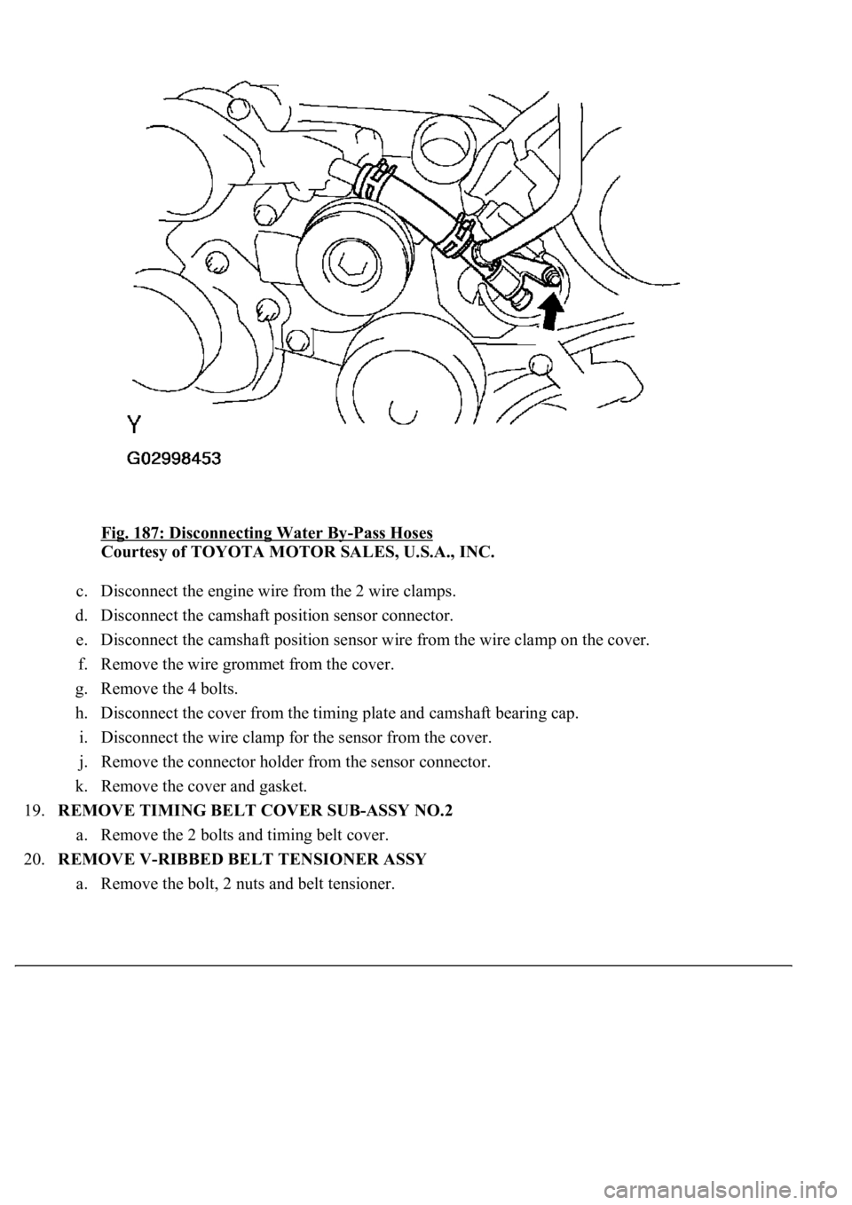 LEXUS LS430 2003 Factory Repair Manual Fig. 187: Disconnecting Water By-Pass Hoses
Courtesy of TOYOTA MOTOR SALES, U.S.A., INC.
c. Disconnect the engine wire from the 2 wire clamps.
d. Disconnect the camshaft position sensor connector. LEXUS LS430 2003 Factory Repair Manual Fig. 187: Disconnecting Water By-Pass Hoses
Courtesy of TOYOTA MOTOR SALES, U.S.A., INC.
c. Disconnect the engine wire from the 2 wire clamps.
d. Disconnect the camshaft position sensor connector.