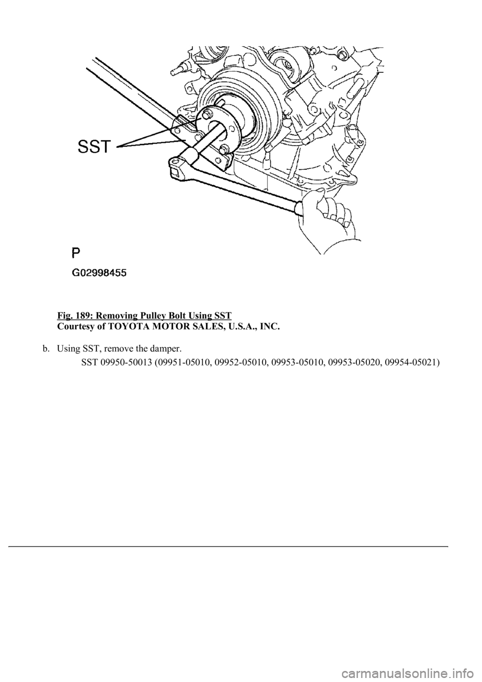 LEXUS LS430 2003  Factory Repair Manual Fig. 189: Removing Pulley Bolt Using SST 
Courtesy of TOYOTA MOTOR SALES, U.S.A., INC. 
b. Using SST, remove the damper. 
<00360036003700030013001c001c001800130010001800130013001400160003000b0013001c0
