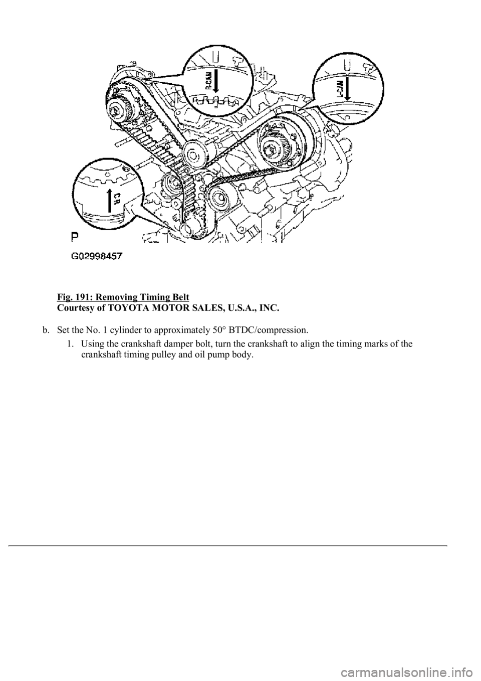 LEXUS LS430 2003  Factory Repair Manual Fig. 191: Removing Timing Belt 
Courtesy of TOYOTA MOTOR SALES, U.S.A., INC. 
b. Set the No. 1 cylinder to approximately 50° BTDC/compression. 
1. Using the crankshaft damper bolt, turn the crankshaf