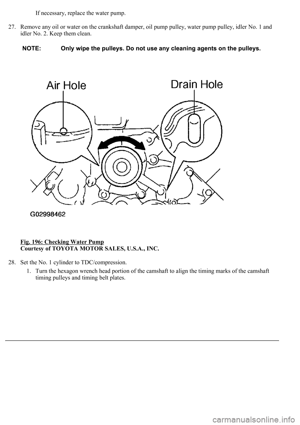 LEXUS LS430 2003  Factory Repair Manual If necessary, replace the water pump.
27. Remove any oil or water on the crankshaft damper, oil pump pulley, water pump pulley, idler No. 1 and 
idler No. 2. Keep them clean. 
Fig. 196: Checking Water