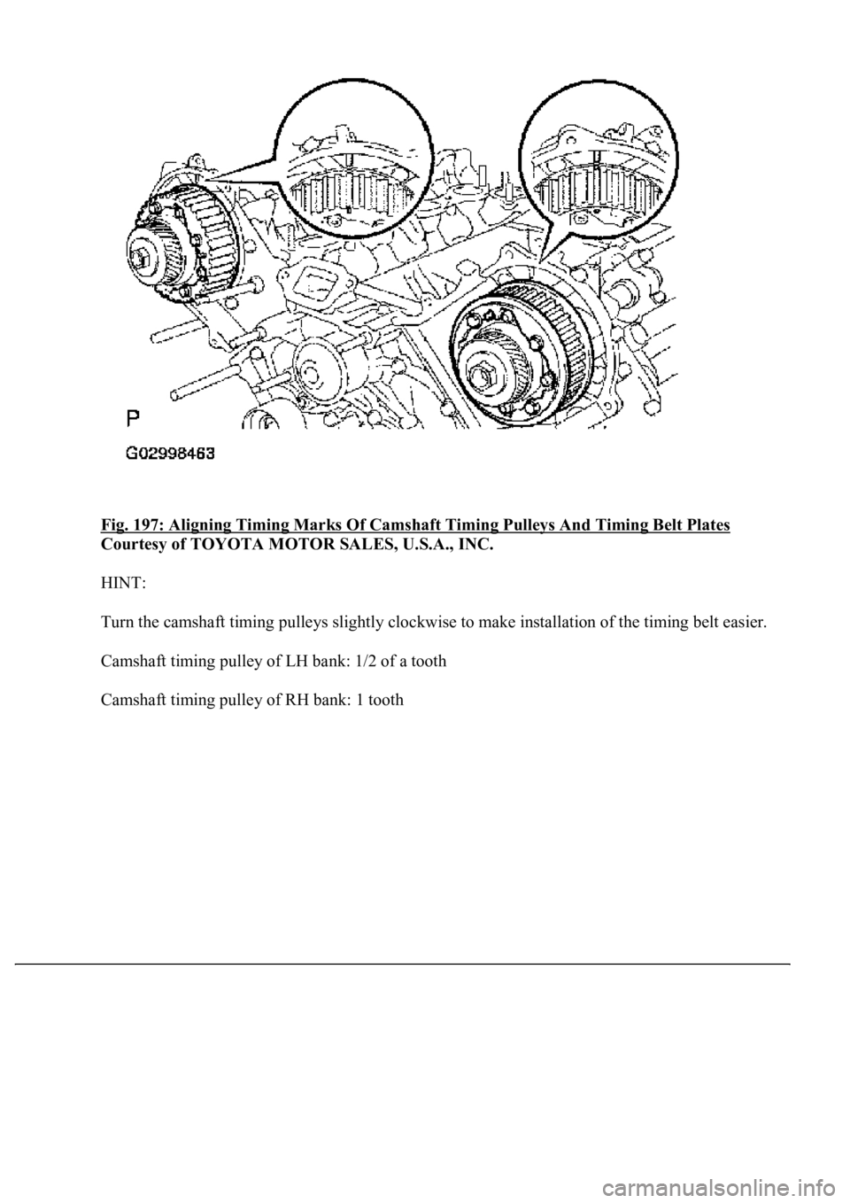LEXUS LS430 2003  Factory Repair Manual Fig. 197: Aligning Timing Marks Of Camshaft Timing Pulleys And Timing Belt Plates 
Courtesy of TOYOTA MOTOR SALES, U.S.A., INC. 
HINT: 
Turn the camshaft timing pulleys slightly clockwise to make inst