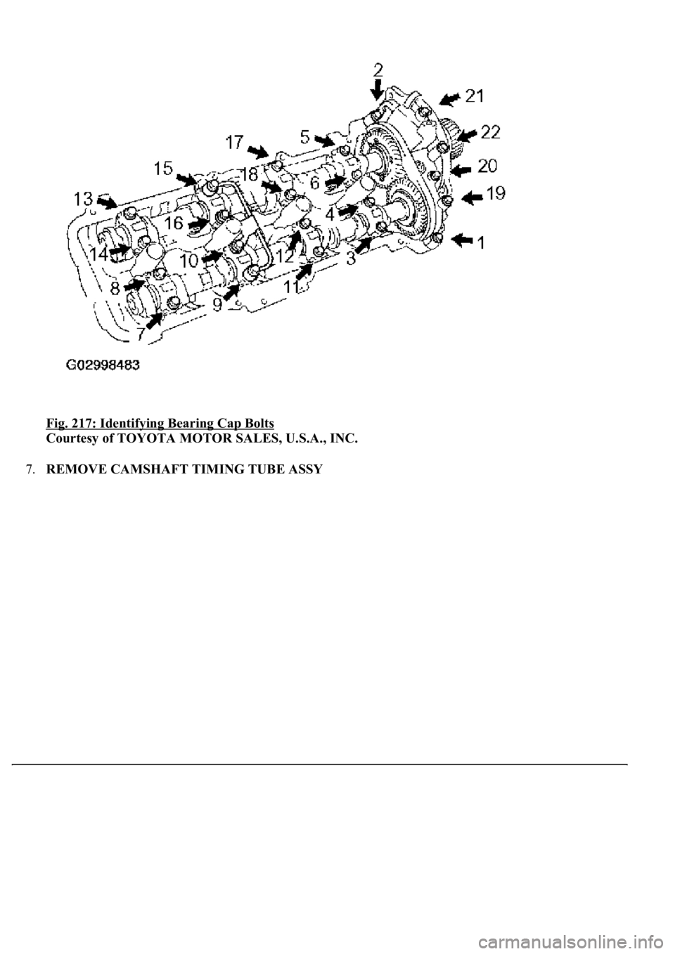 LEXUS LS430 2003  Factory Repair Manual Fig. 217: Identifying Bearing Cap Bolts 
Courtesy of TOYOTA MOTOR SALES, U.S.A., INC. 
7.REMOVE CAMSHAFT TIMING TUBE ASSY 