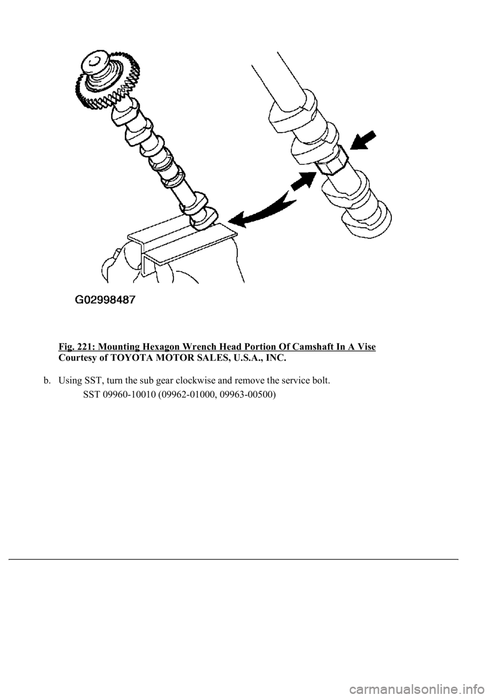 LEXUS LS430 2003  Factory Repair Manual Fig. 221: Mounting Hexagon Wrench Head Portion Of Camshaft In A Vise 
Courtesy of TOYOTA MOTOR SALES, U.S.A., INC. 
b. Using SST, turn the sub gear clockwise and remove the service bolt. 
SST 09960-10