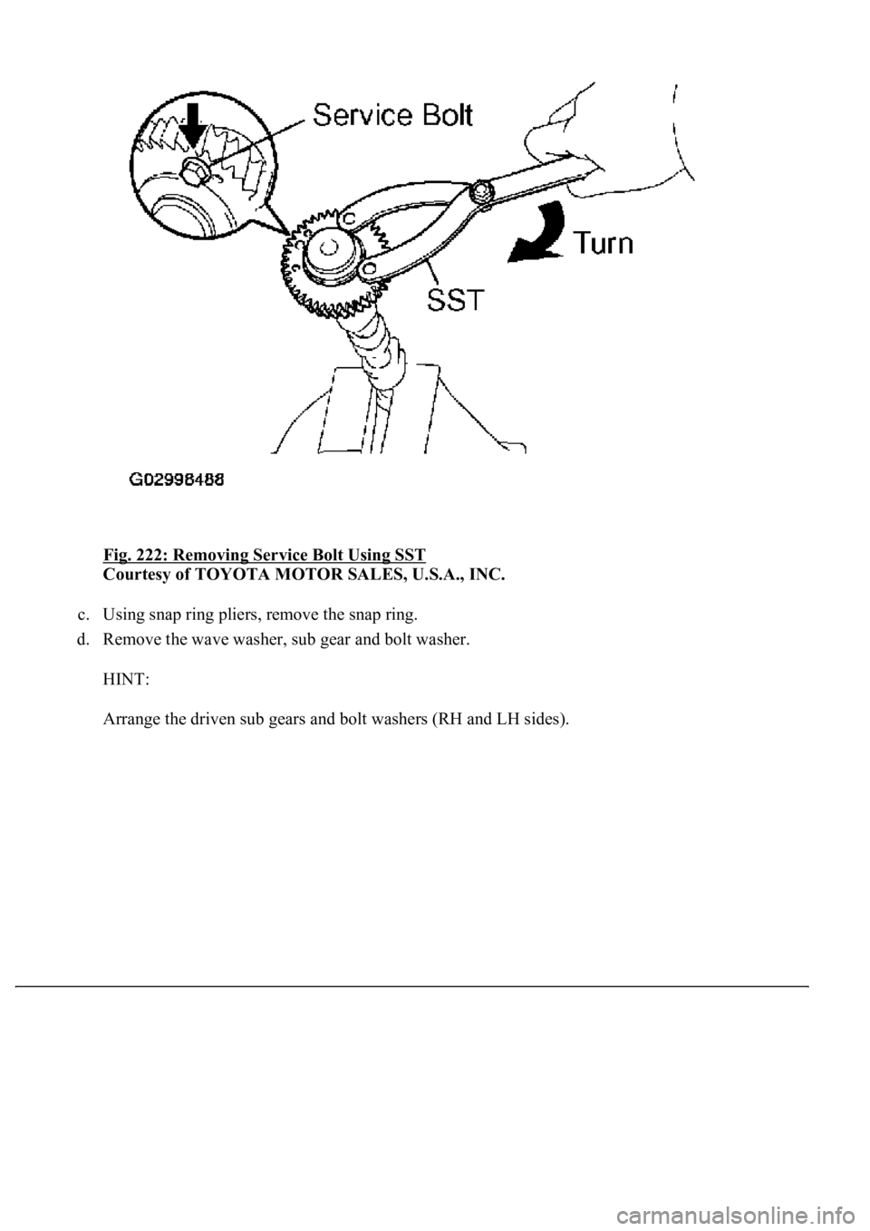 LEXUS LS430 2003  Factory Repair Manual Fig. 222: Removing Service Bolt Using SST 
Courtesy of TOYOTA MOTOR SALES, U.S.A., INC. 
c. Using snap ring pliers, remove the snap ring.  
d. Remove the wave washer, sub gear and bolt washer. 
HINT: 