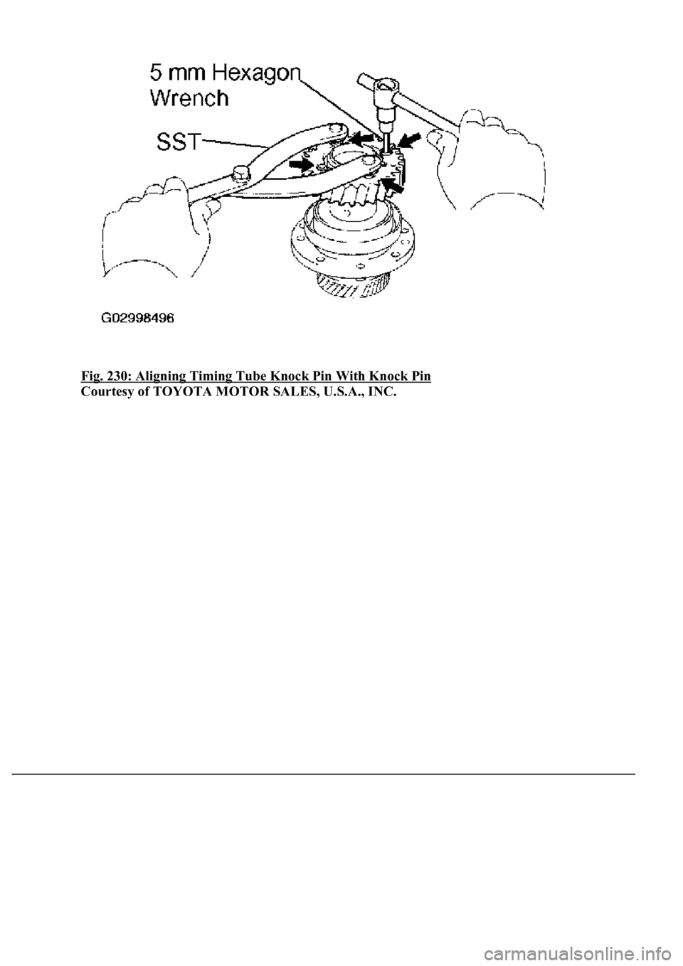 LEXUS LS430 2003  Factory Repair Manual Fig. 230: Aligning Timing Tube Knock Pin With Knock Pin 
Courtesy of TOYOTA MOTOR SALES, U.S.A., INC. 