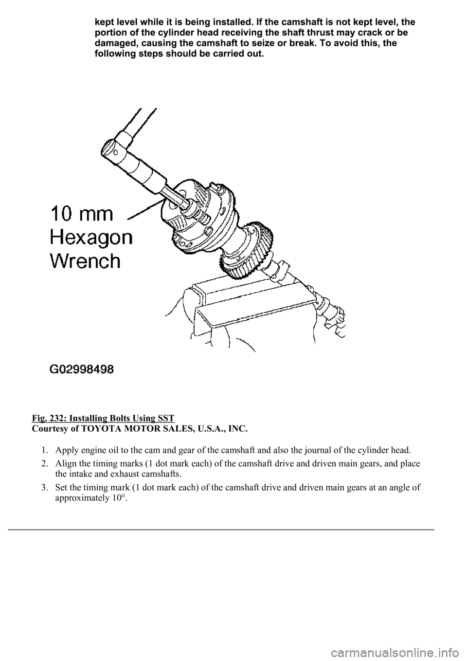 LEXUS LS430 2003  Factory Repair Manual Fig. 232: Installing Bolts Using SST 
Courtesy of TOYOTA MOTOR SALES, U.S.A., INC. 
1. Apply engine oil to the cam and gear of the camshaft and also the journal of the cylinder head.  
2. Align the ti