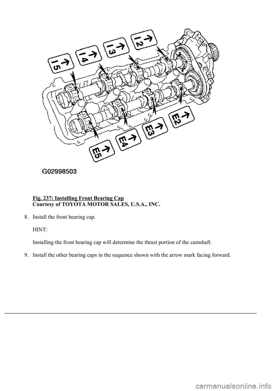 LEXUS LS430 2003  Factory Repair Manual Fig. 237: Installing Front Bearing Cap 
Courtesy of TOYOTA MOTOR SALES, U.S.A., INC. 
8. Install the front bearing cap. 
HINT: 
Installing the front bearing cap will determine the thrust portion of th