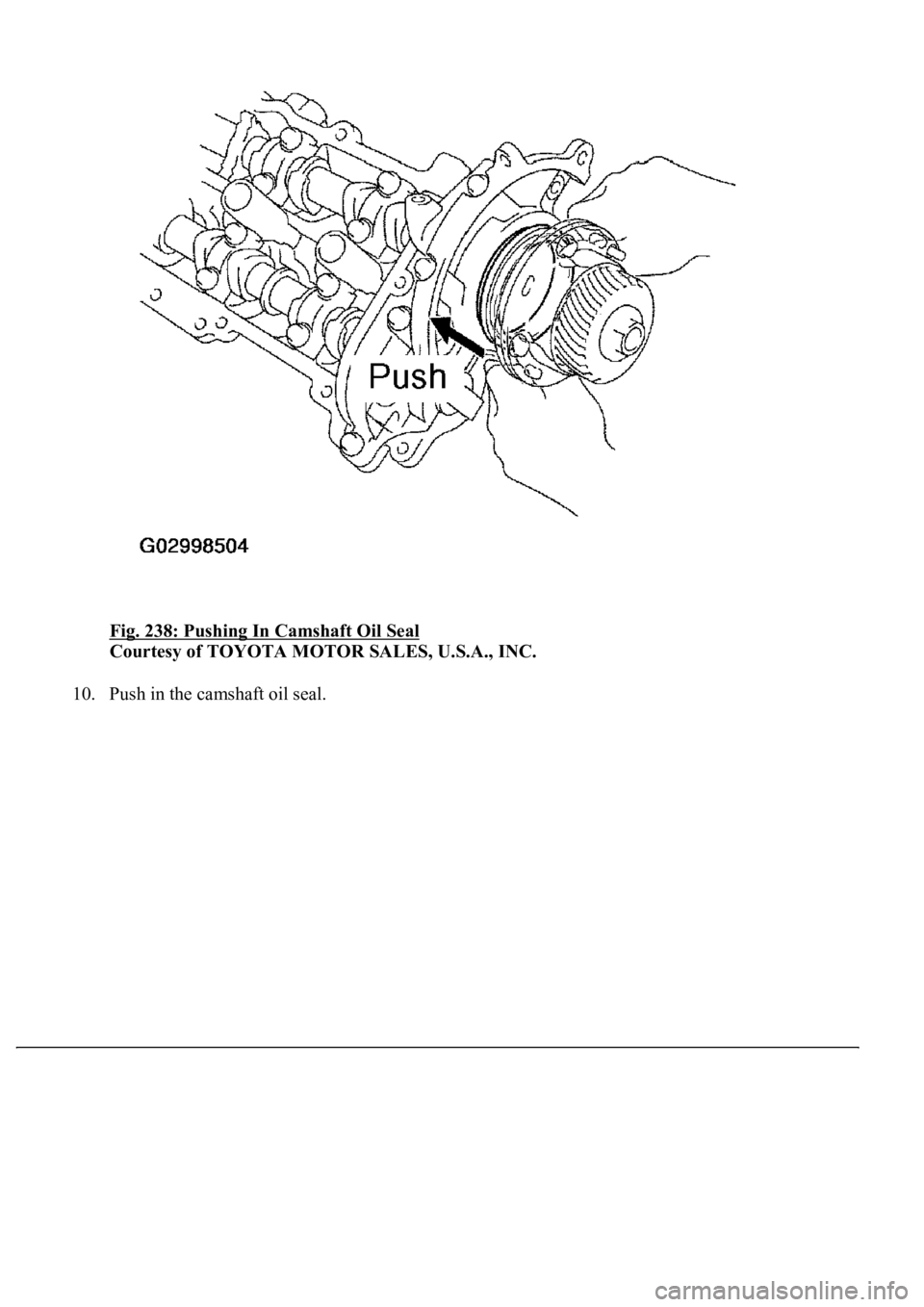 LEXUS LS430 2003  Factory Repair Manual Fig. 238: Pushing In Camshaft Oil Seal 
Courtesy of TOYOTA MOTOR SALES, U.S.A., INC. 
10. Push in the camshaft oil seal.  