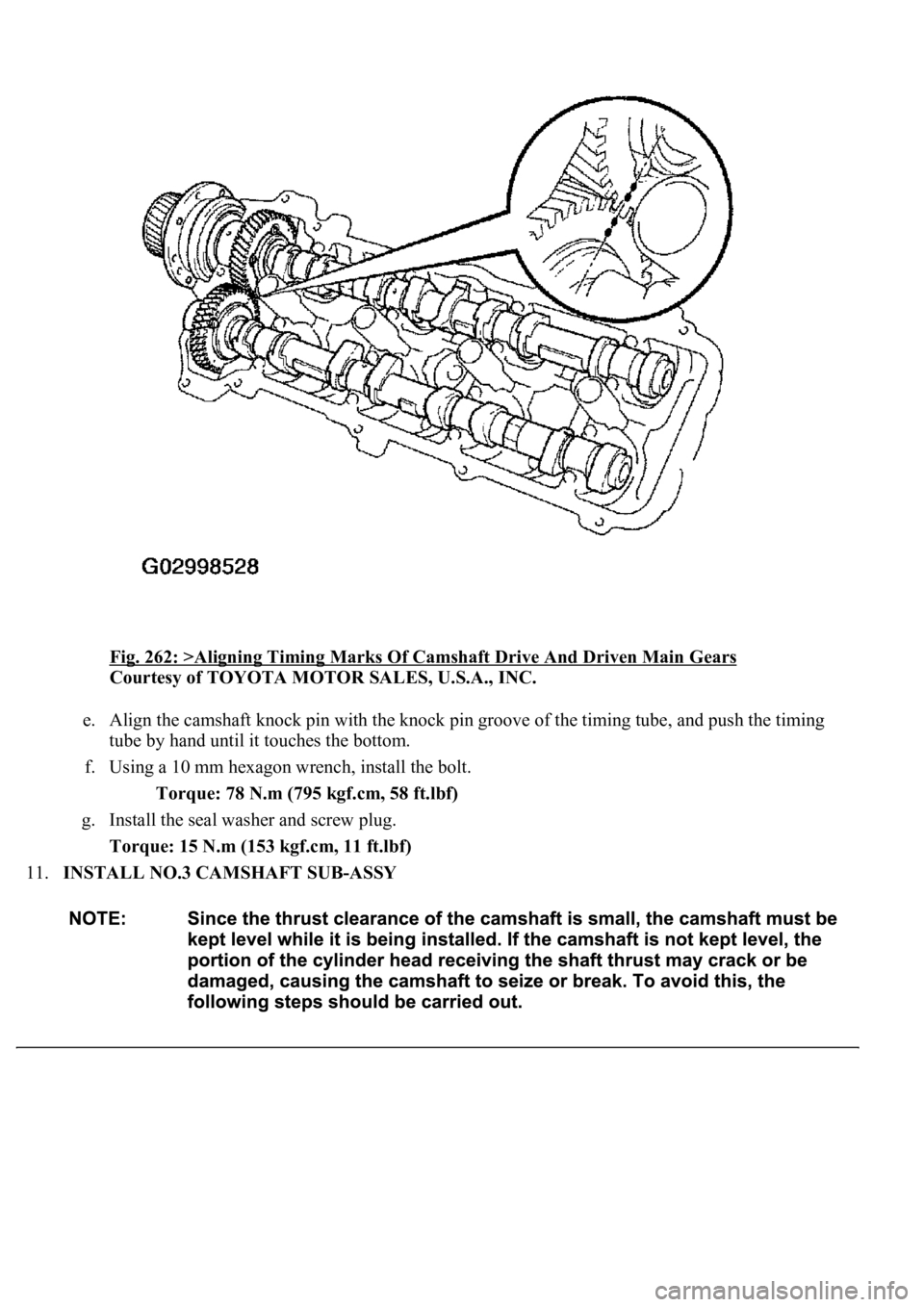 LEXUS LS430 2003  Factory Repair Manual Fig. 262: >Aligning Timing Marks Of Camshaft Drive And Driven Main Gears 
Courtesy of TOYOTA MOTOR SALES, U.S.A., INC. 
e. Align the camshaft knock pin with the knock pin groove of the timing tube, an