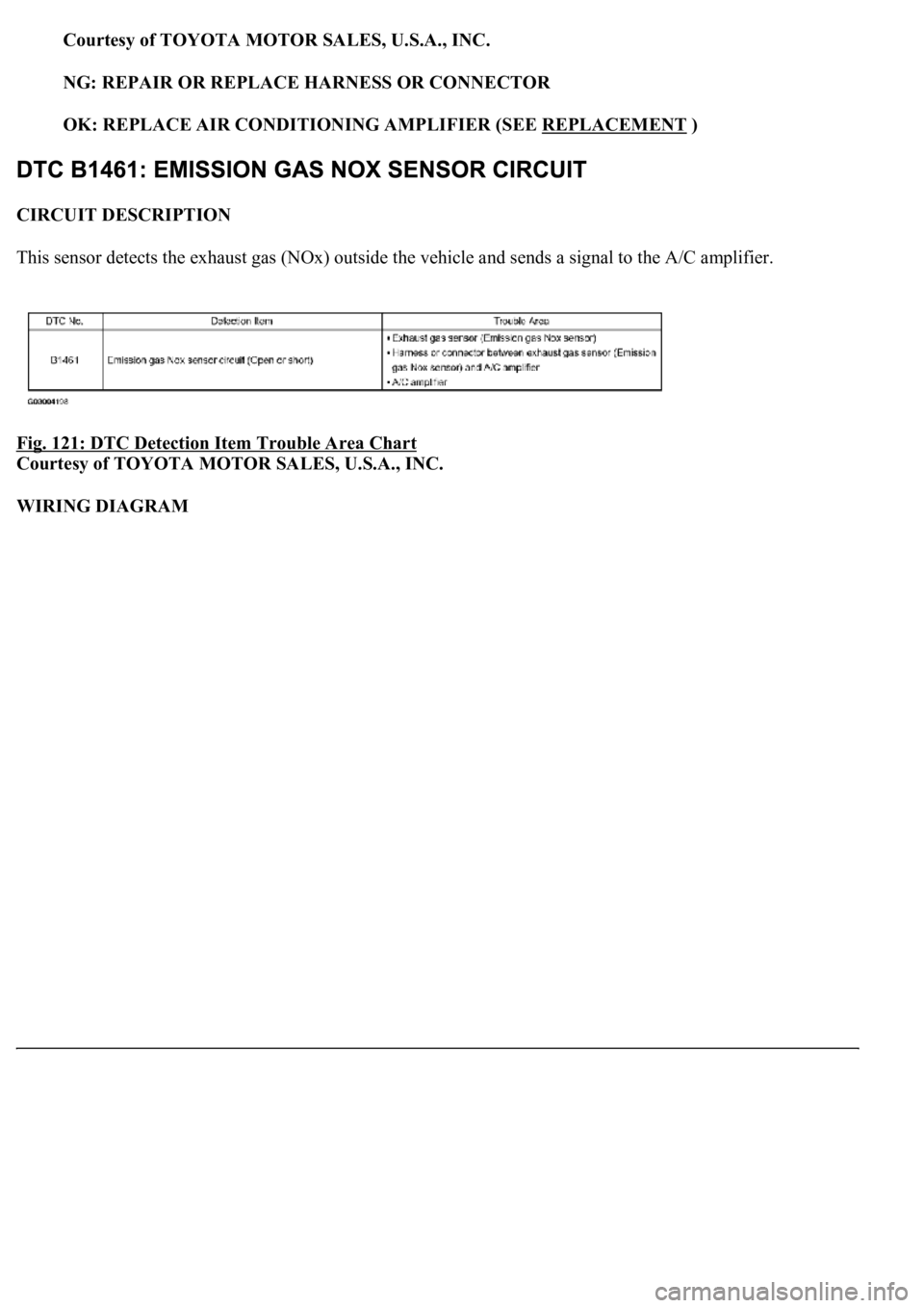LEXUS LS430 2003  Factory Repair Manual Courtesy of TOYOTA MOTOR SALES, U.S.A., INC.
NG: REPAIR OR REPLACE HARNESS OR CONNECTOR  
OK: REPLACE AIR CONDITIONING AMPLIFIER (SEE REPLACEMENT
 )  
CIRCUIT DESCRIPTION 
This sensor detects the exha