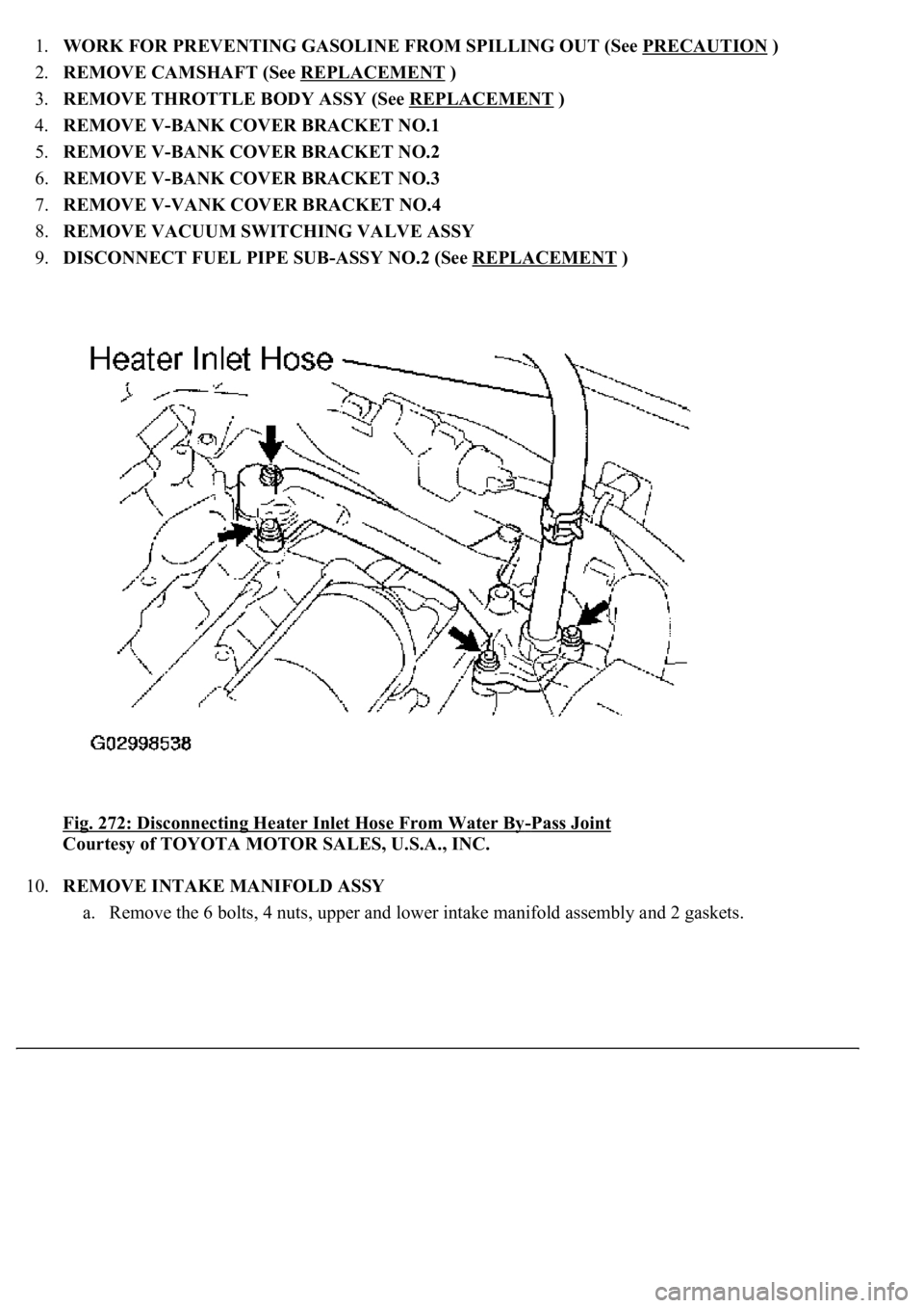 LEXUS LS430 2003  Factory Repair Manual 1.WORK FOR PREVENTING GASOLINE FROM SPILLING OUT (See PRECAUTION )  
2.REMOVE CAMSHAFT (See REPLACEMENT
 )  
3.REMOVE THROTTLE BODY ASSY (See REPLACEMENT
 )  
4.REMOVE V-BANK COVER BRACKET NO.1  
5.RE
