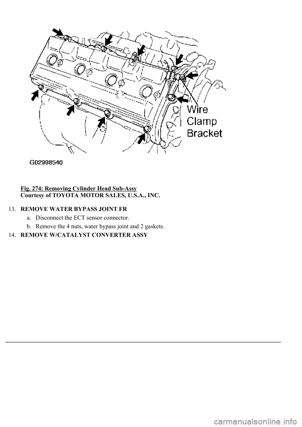 LEXUS LS430 2003  Factory Repair Manual Fig. 274: Removing Cylinder Head Sub-Assy 
Courtesy of TOYOTA MOTOR SALES, U.S.A., INC. 
13.REMOVE WATER BYPASS JOINT FR 
a. Disconnect the ECT sensor connector.  
b. Remove the 4 nuts, water bypass j
