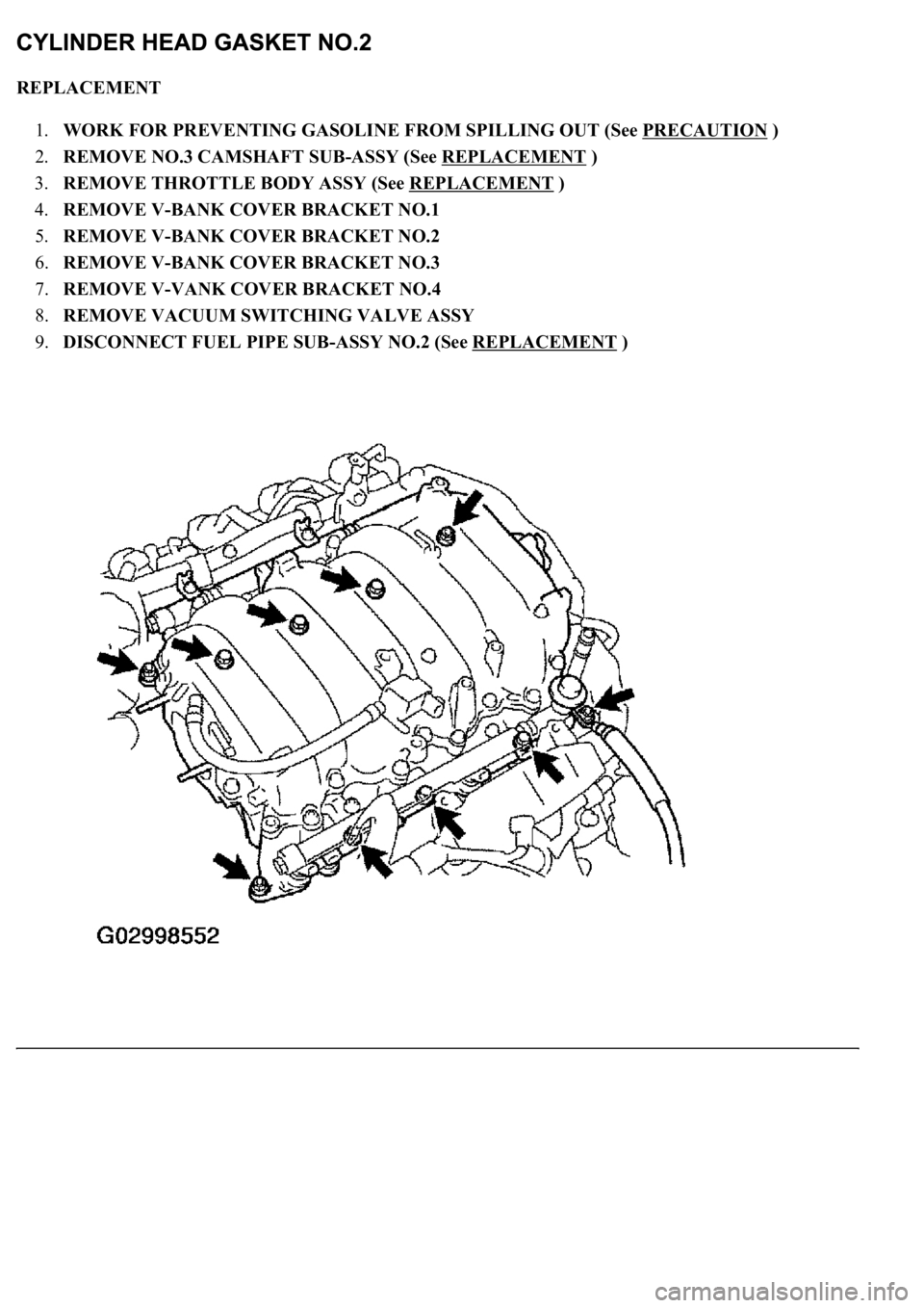 LEXUS LS430 2003  Factory Repair Manual REPLACEMENT 
1.WORK FOR PREVENTING GASOLINE FROM SPILLING OUT (See PRECAUTION
 )  
2.REMOVE NO.3 CAMSHAFT SUB-ASSY (See REPLACEMENT
 )  
3.REMOVE THROTTLE BODY ASSY (See REPLACEMENT
 )  
4.REMOVE V-BA