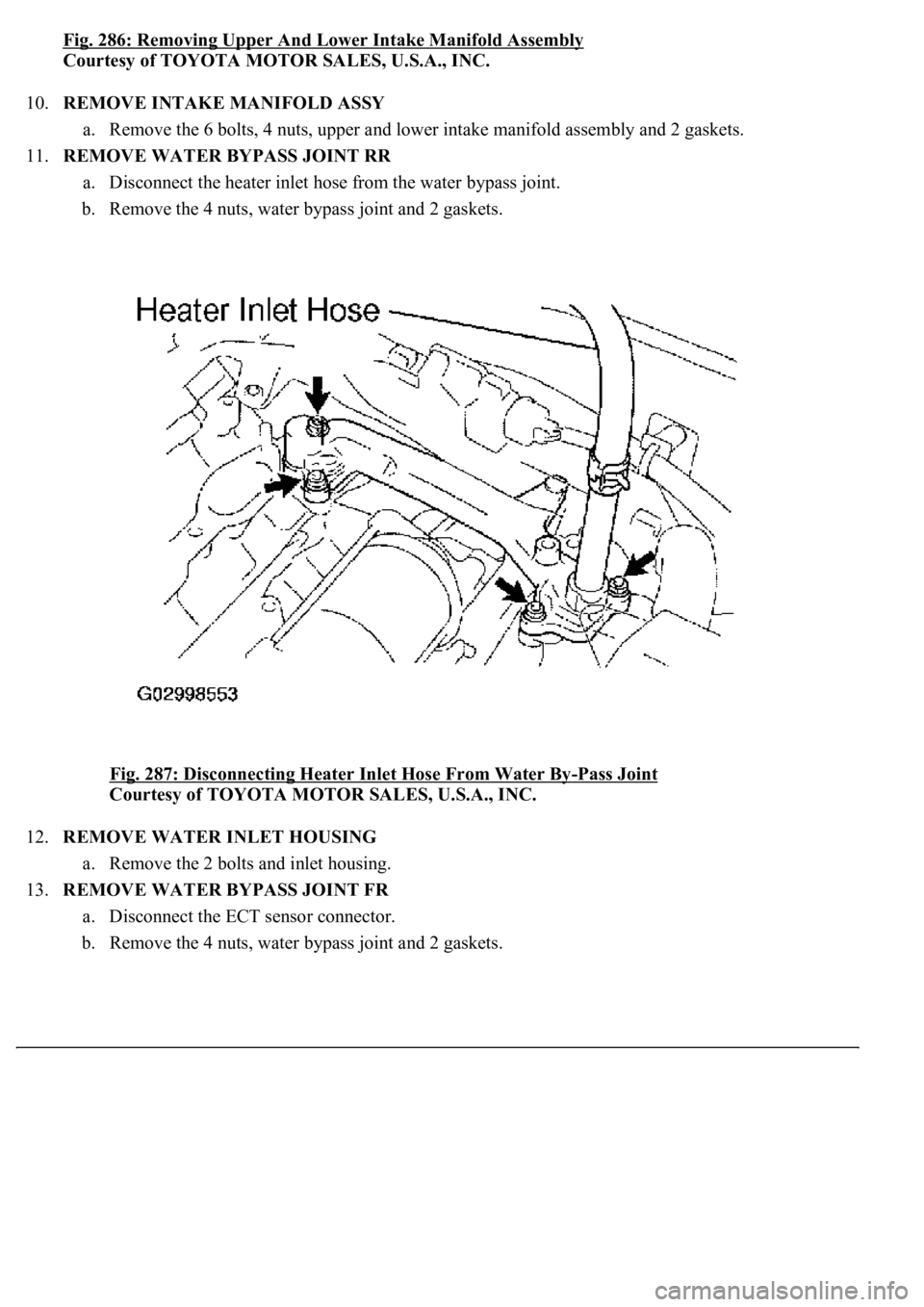 LEXUS LS430 2003  Factory Repair Manual Fig. 286: Removing Upper And Lower Intake Manifold Assembly
Courtesy of TOYOTA MOTOR SALES, U.S.A., INC. 
10.REMOVE INTAKE MANIFOLD ASSY 
a. Remove the 6 bolts, 4 nuts, upper and lower intake manifold